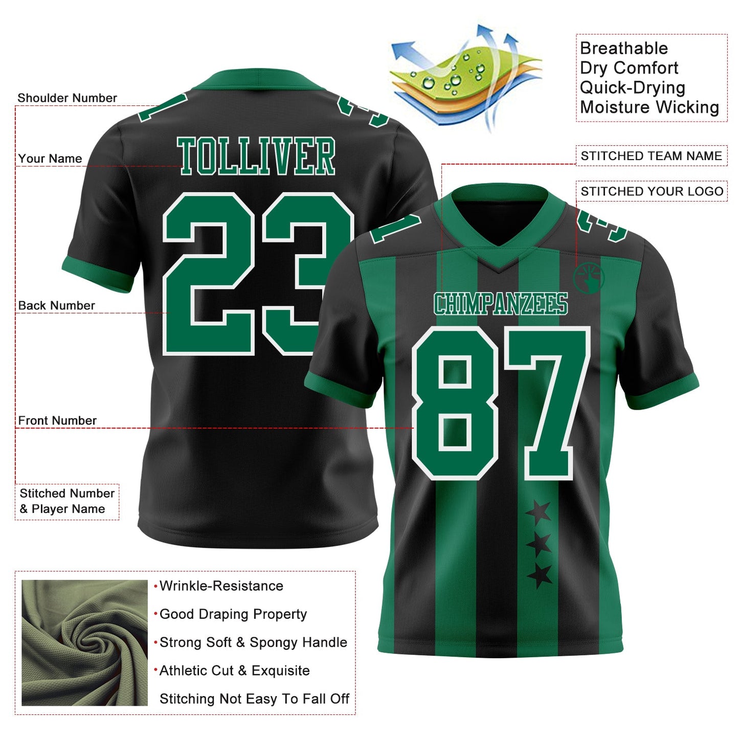 Custom Black Kelly Green-White Authentic Stars And Stripes 7V7 Flag Football Jersey view 2