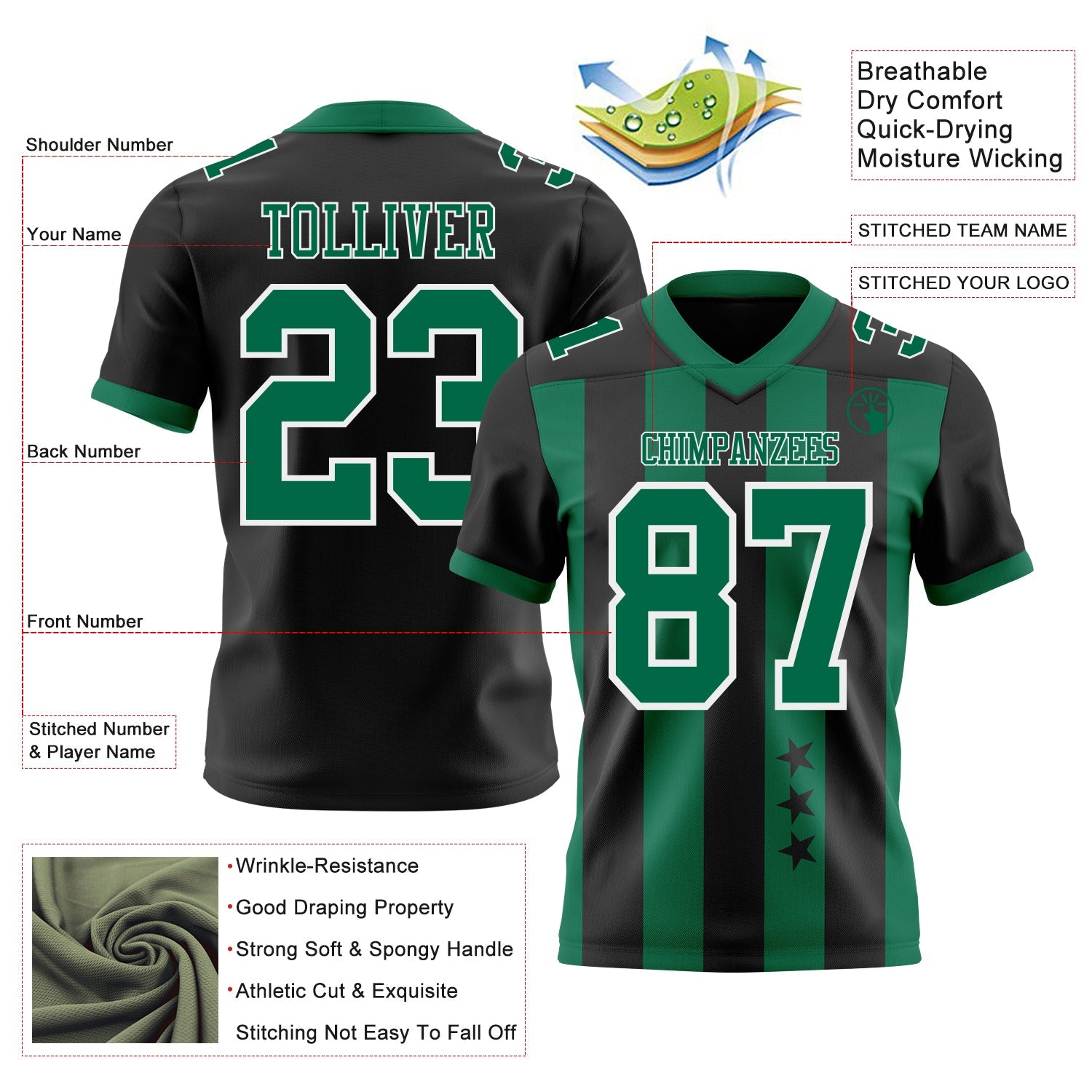 Custom Black Kelly Green-White Authentic Stars And Stripes 7V7 Flag Football Jersey view 2