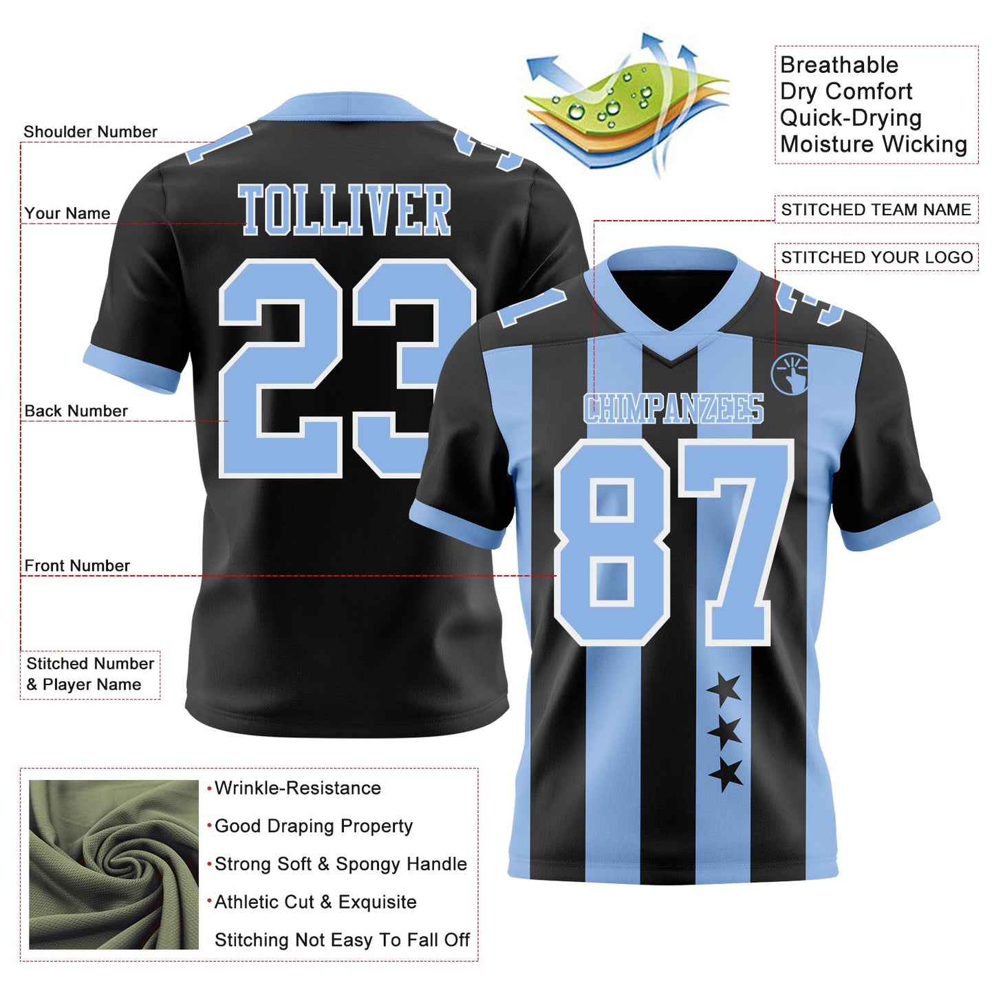 Custom Black Light Blue-White Authentic Stars And Stripes 7V7 Flag Football Jersey view 2