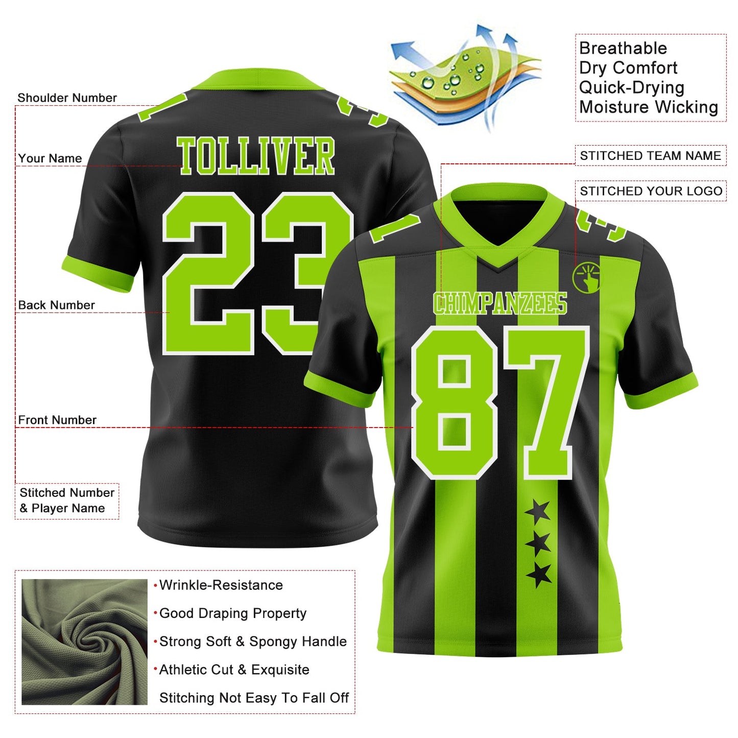 Custom Black Neon Green-White Authentic Stars And Stripes 7V7 Flag Football Jersey view 2