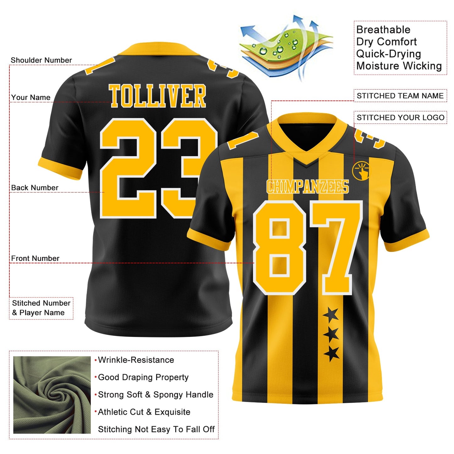 Custom Black Gold-White Authentic Stars And Stripes 7V7 Flag Football Jersey view 2