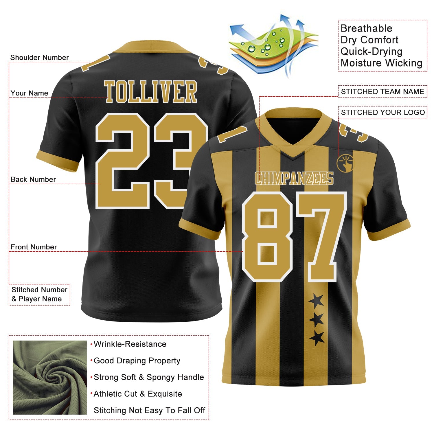 Custom Black Old Gold-White Authentic Stars And Stripes 7V7 Flag Football Jersey view 2