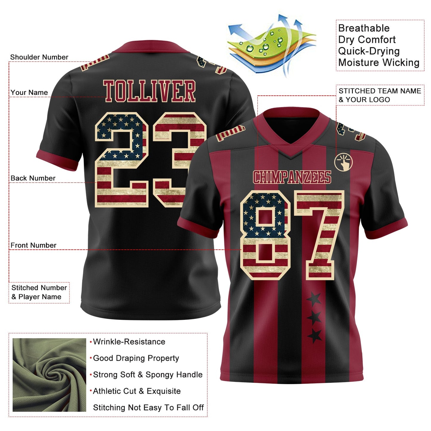 Custom Black Vintage USA Flag Crimson-Cream Authentic Stars And Stripes 7V7 Flag Football Jersey view 2