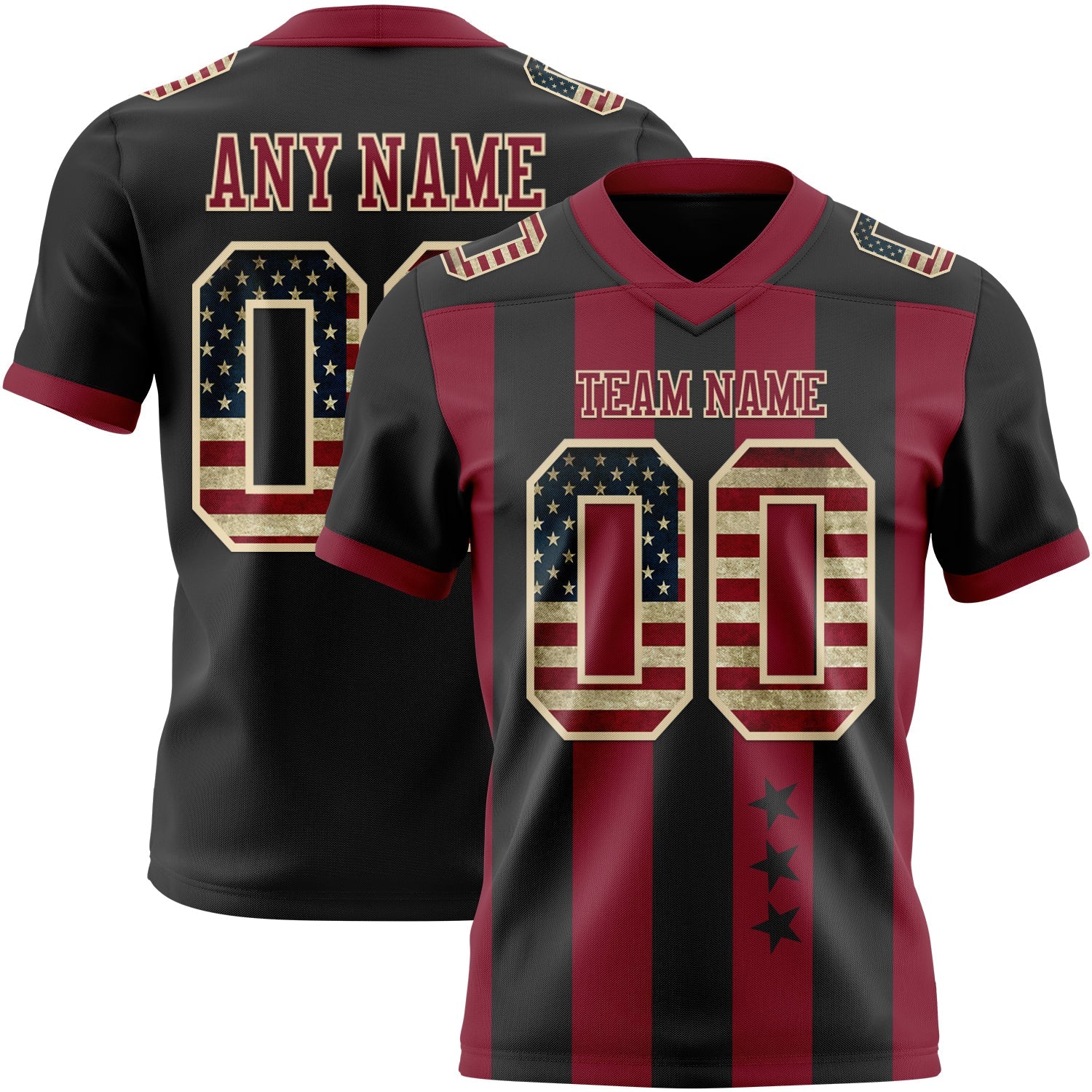 Custom Black Vintage USA Flag Crimson-Cream Authentic Stars And Stripes 7V7 Flag Football Jersey - Main View