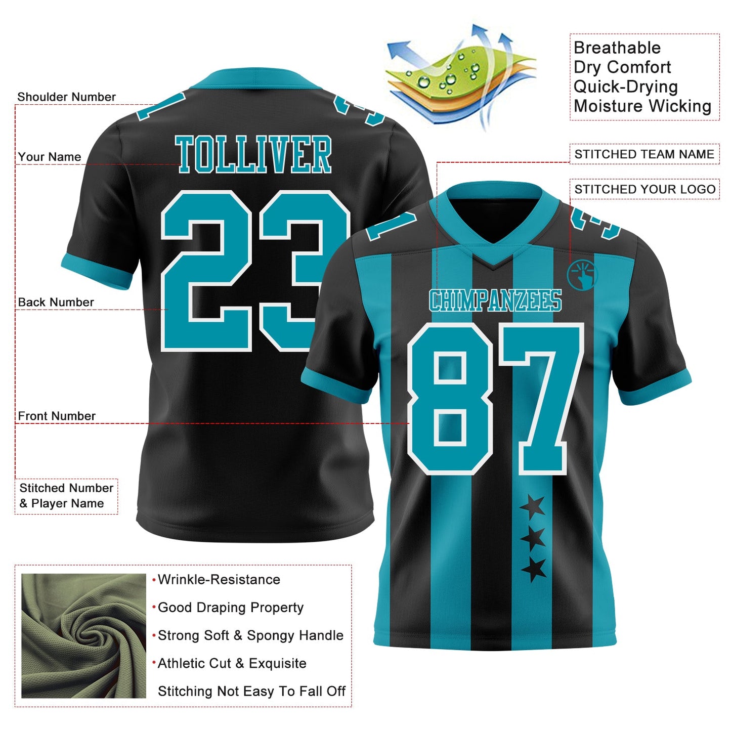 Custom Black Teal-White Authentic Stars And Stripes 7V7 Flag Football Jersey view 2