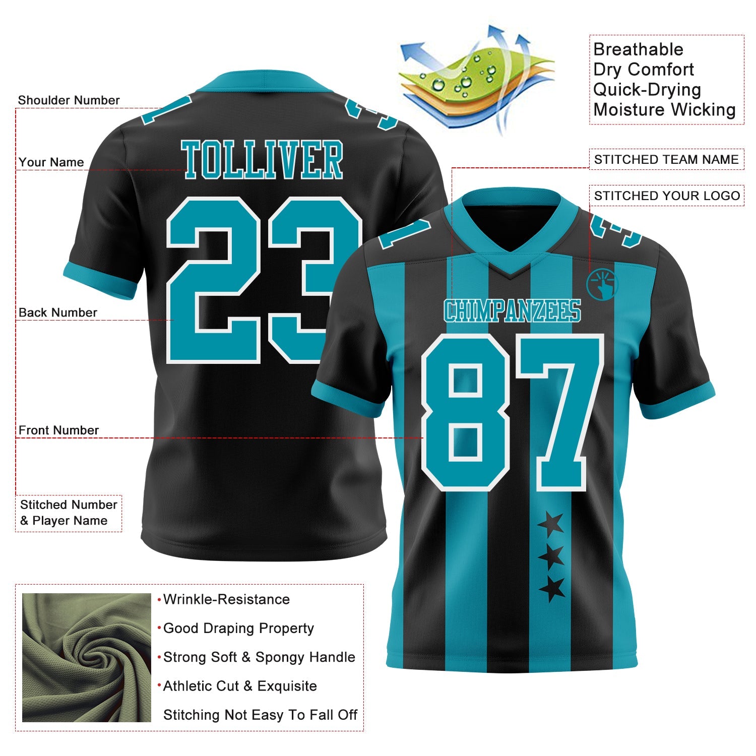 Custom Black Teal-White Authentic Stars And Stripes 7V7 Flag Football Jersey view 2