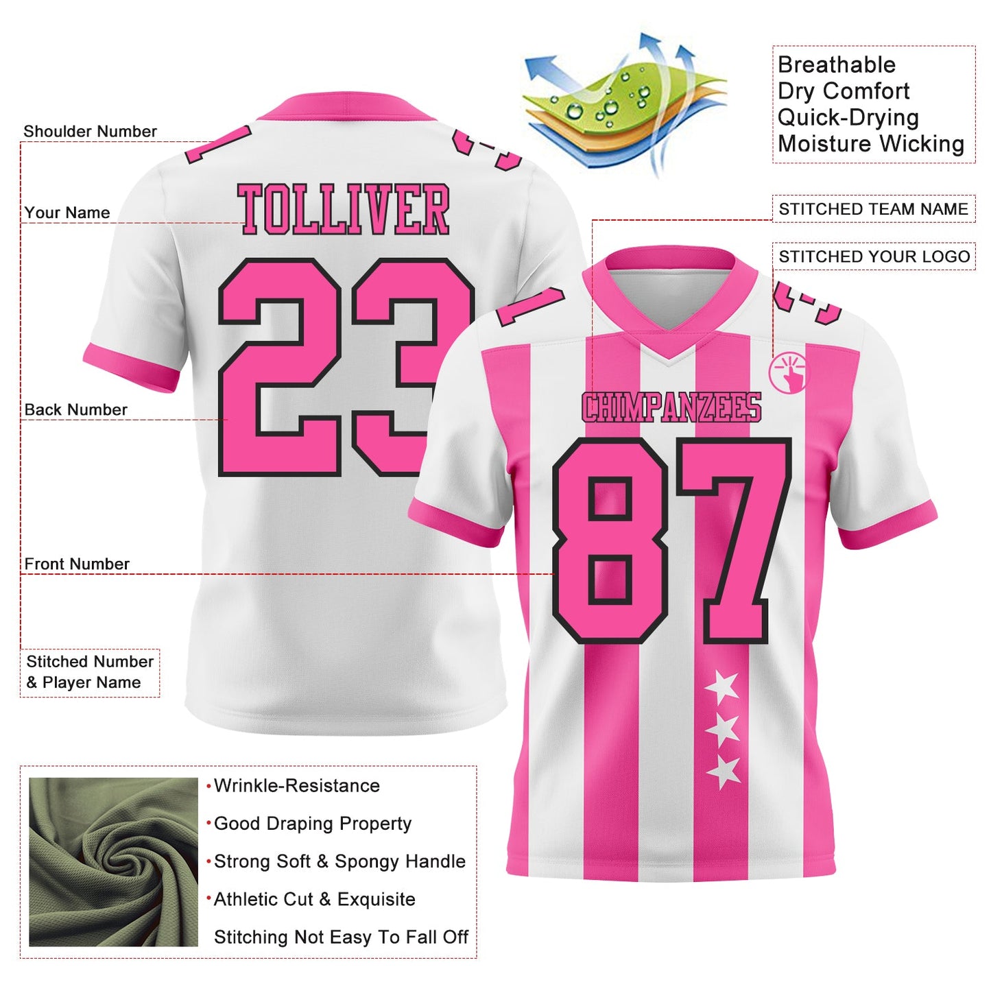 Custom White Pink-Black Authentic Stars And Stripes 7V7 Flag Football Jersey view 2