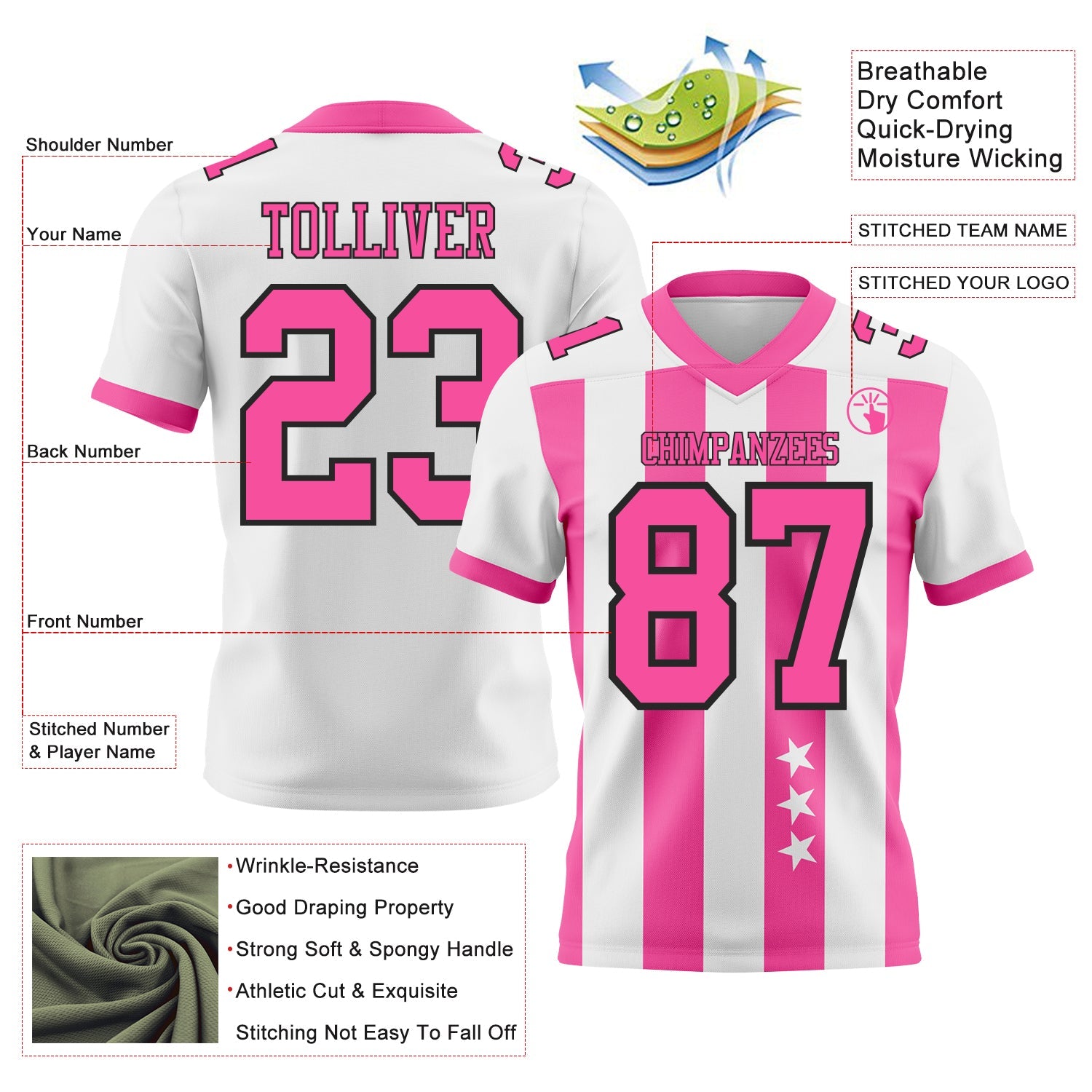 Custom White Pink-Black Authentic Stars And Stripes 7V7 Flag Football Jersey view 2