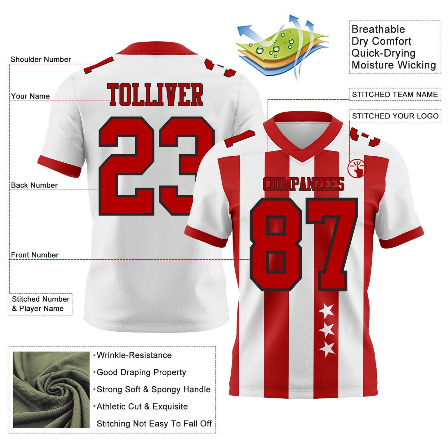 Custom White Red-Black Authentic Stars And Stripes 7V7 Flag Football Jersey view 2