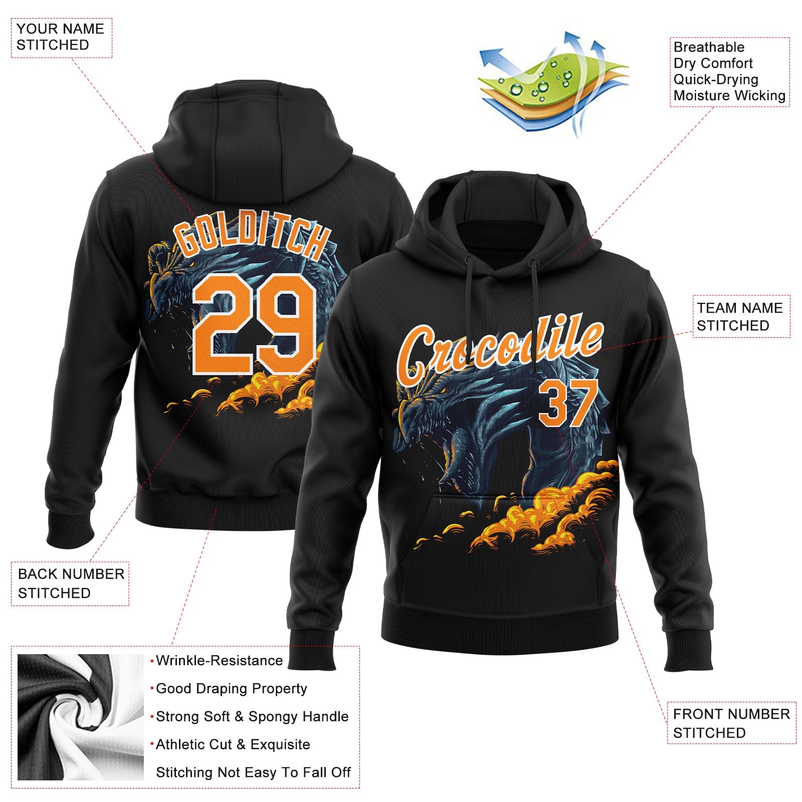 Custom Stitched Black Bay Orange-White 3D Pattern Design Fire Dragon Sports Pullover Sweatshirt Hoodie view 2