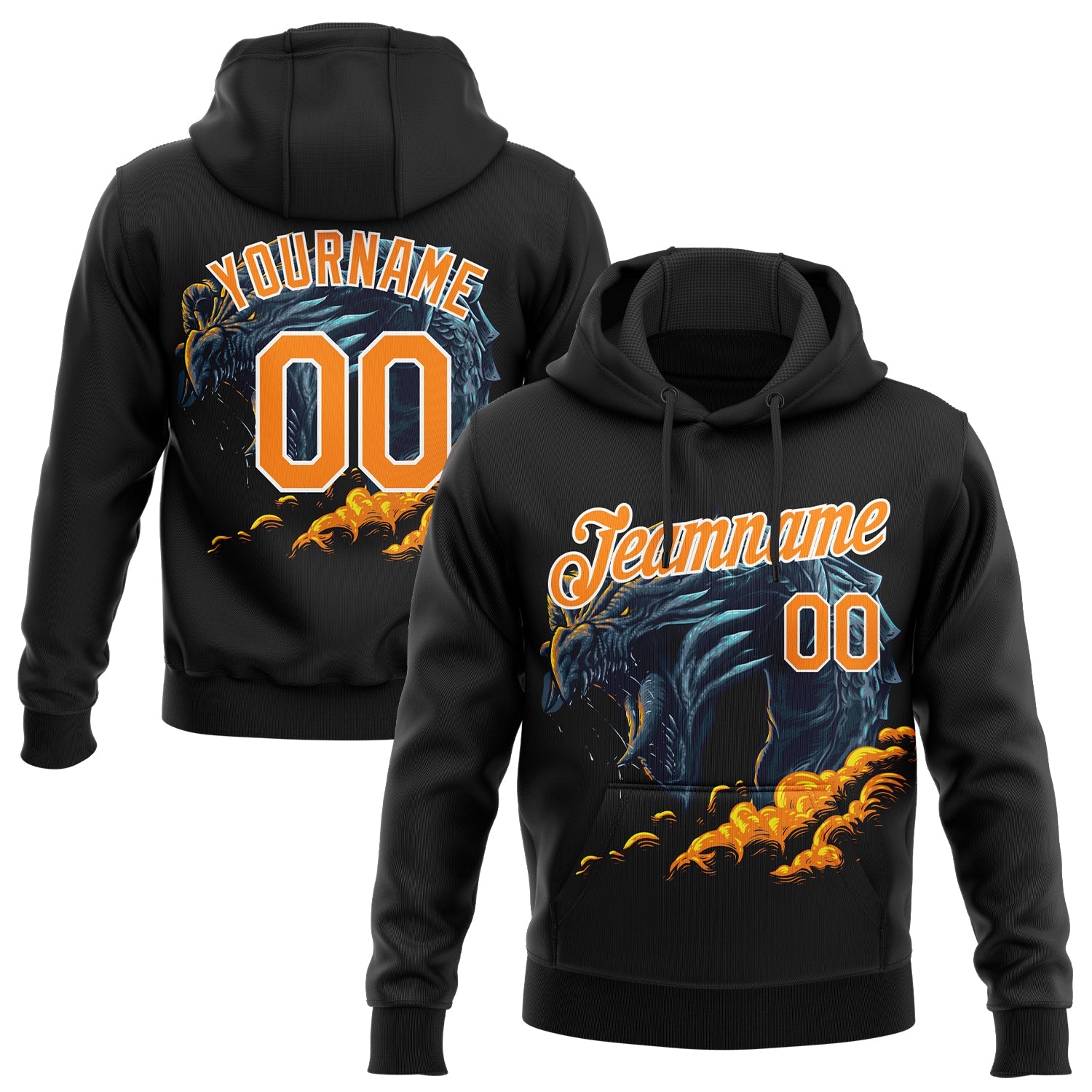 Custom Stitched Black Bay Orange-White 3D Pattern Design Fire Dragon Sports Pullover Sweatshirt Hoodie - Main View