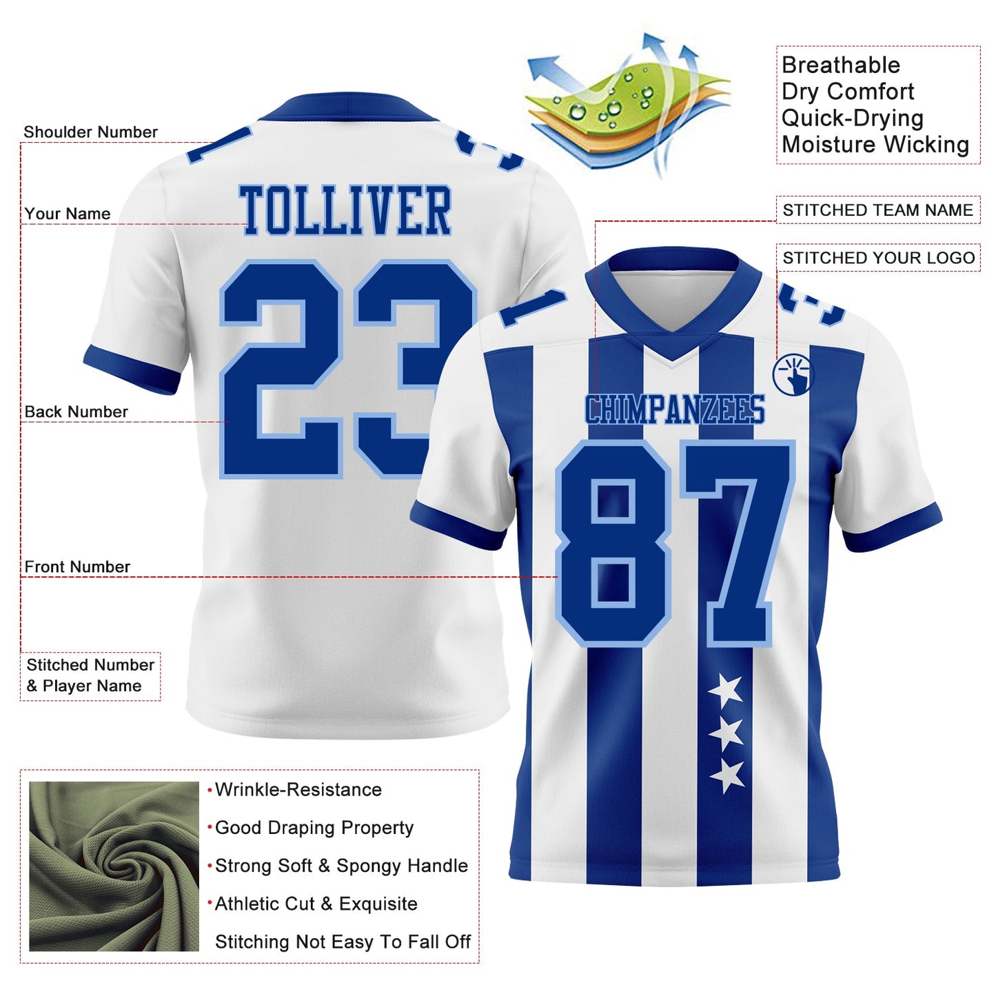 Custom White Royal-Light Blue Authentic Stars And Stripes 7V7 Flag Football Jersey view 2