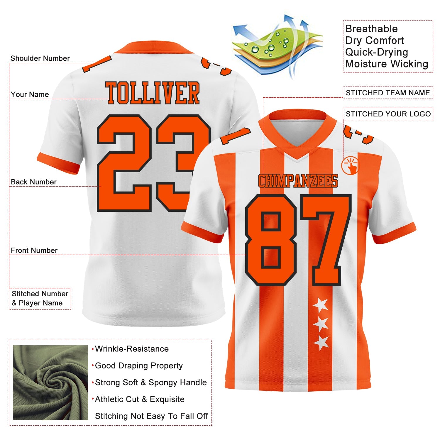 Custom White Orange-Black Authentic Stars And Stripes 7V7 Flag Football Jersey view 2