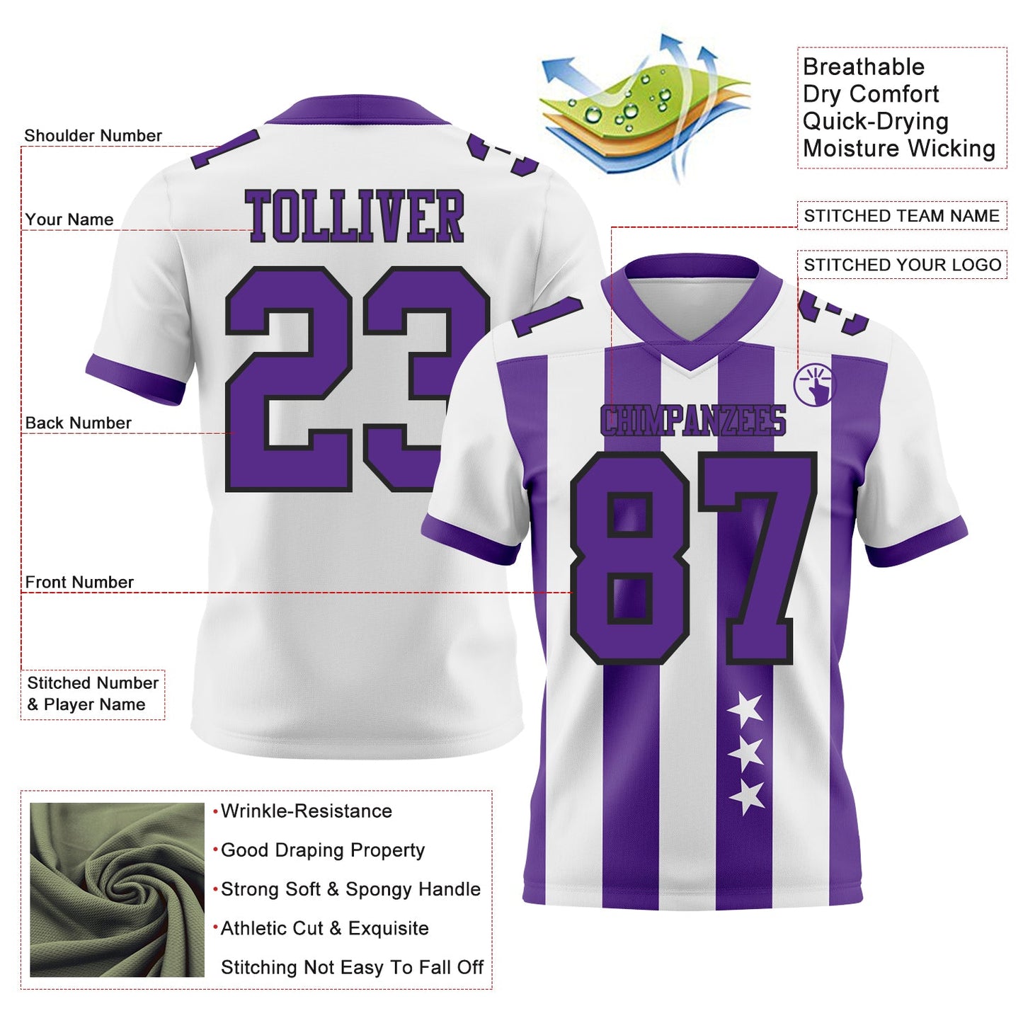 Custom White Purple-Black Authentic Stars And Stripes 7V7 Flag Football Jersey view 2