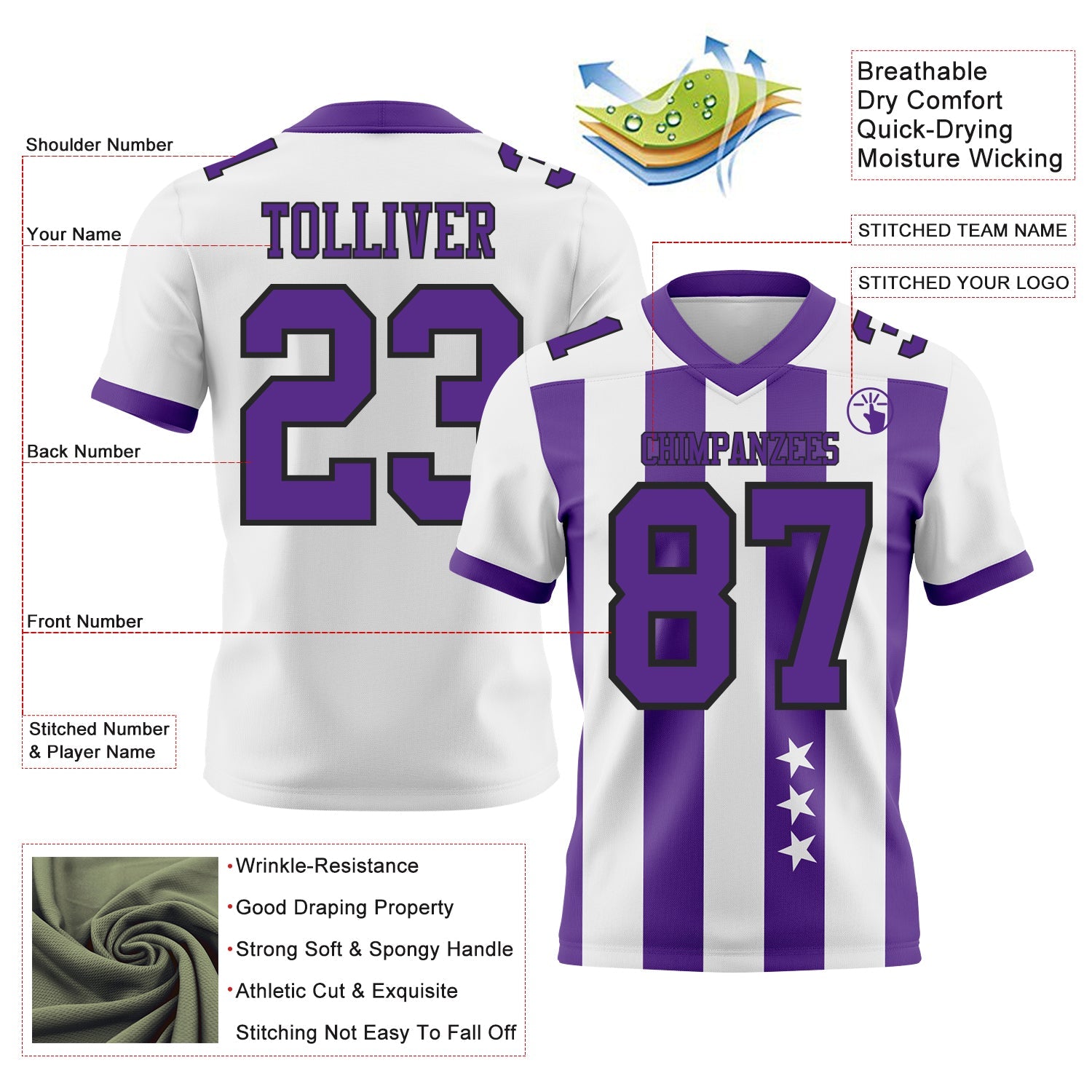 Custom White Purple-Black Authentic Stars And Stripes 7V7 Flag Football Jersey view 2