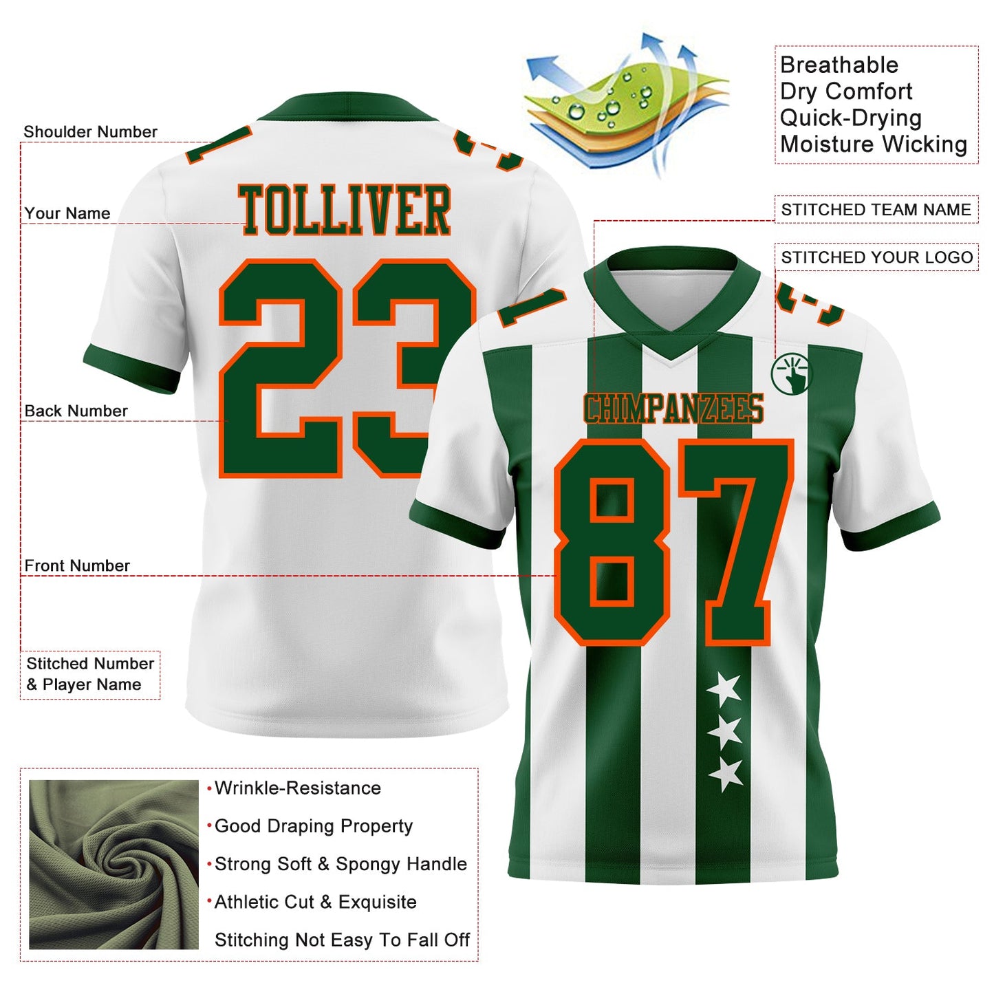 Custom White Green-Orange Authentic Stars And Stripes 7V7 Flag Football Jersey view 2