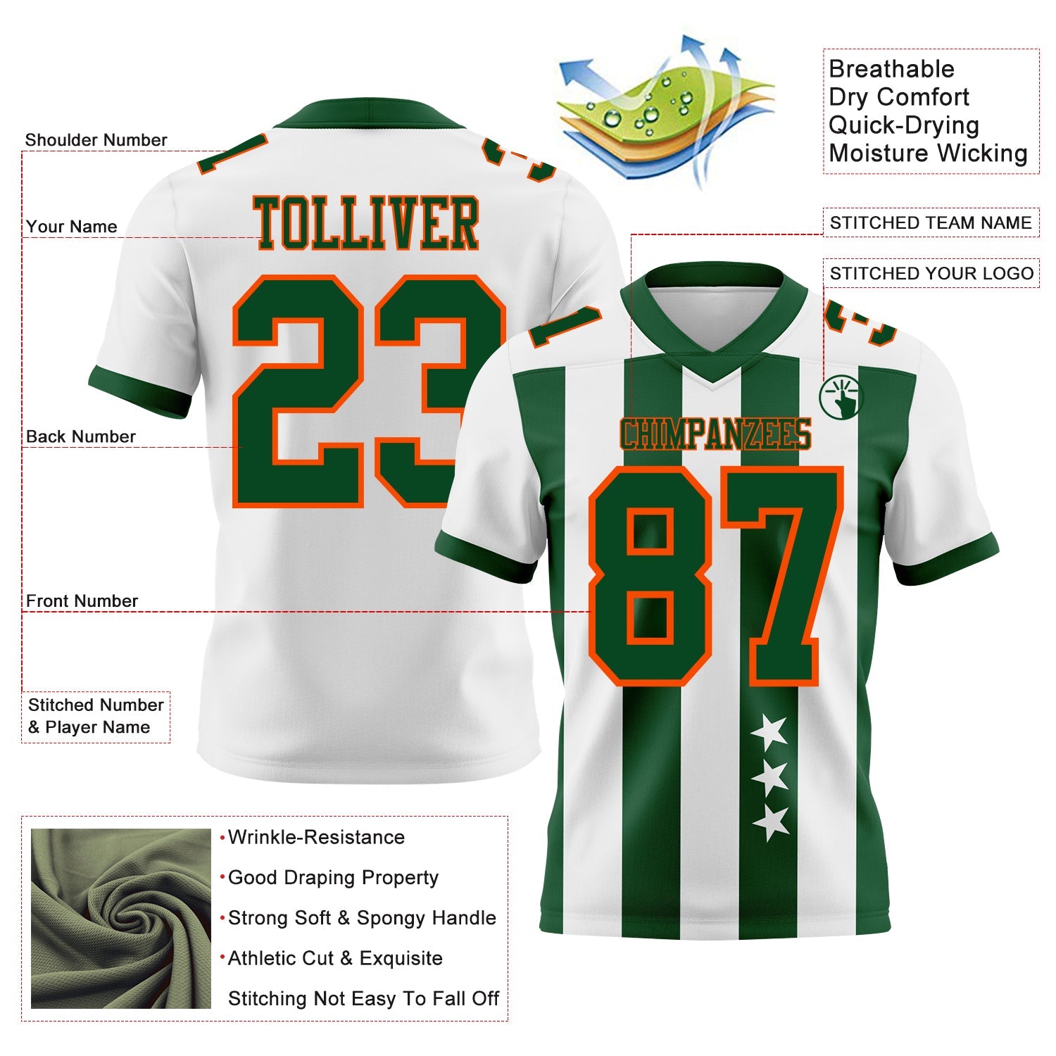 Custom White Green-Orange Authentic Stars And Stripes 7V7 Flag Football Jersey view 2