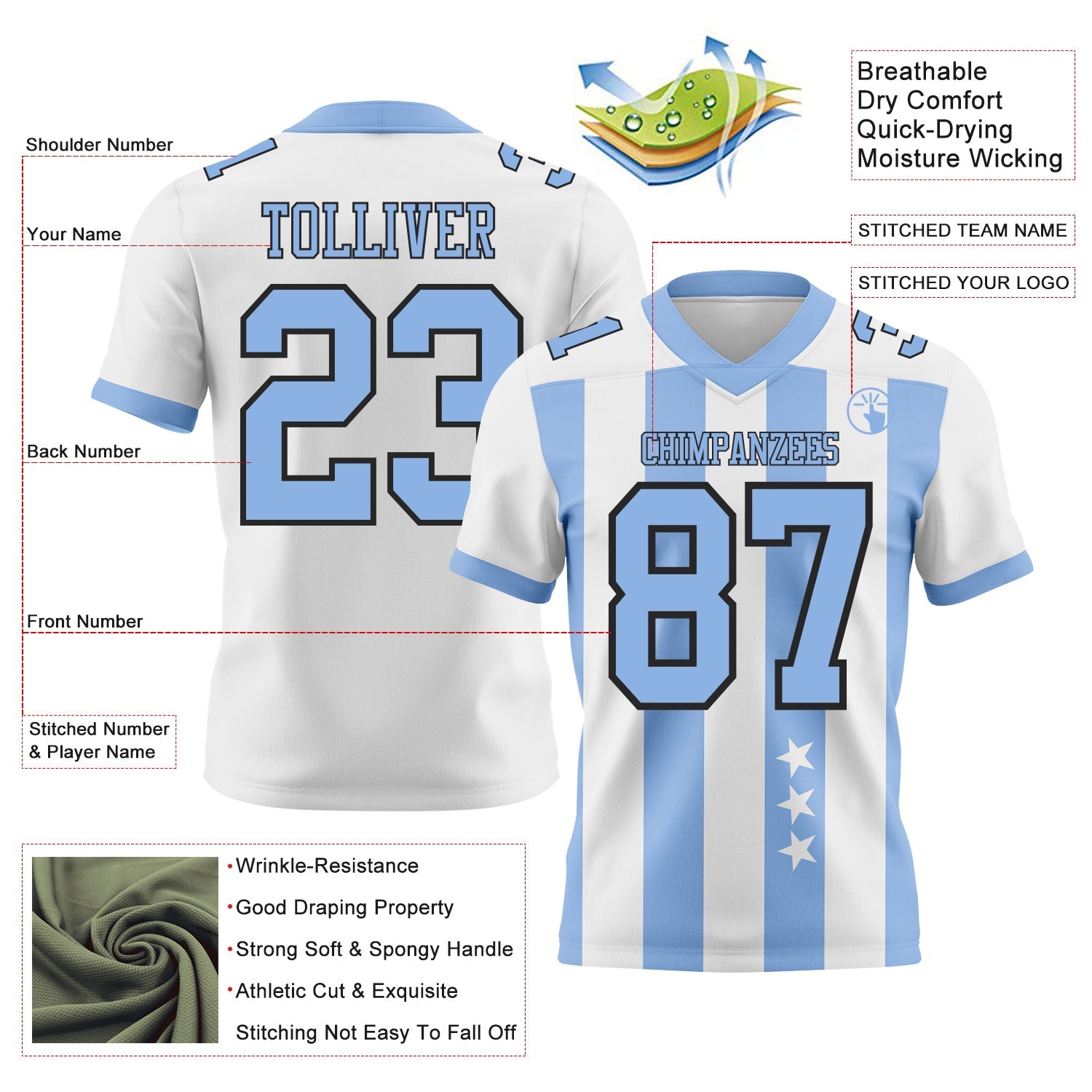 Custom White Light Blue-Black Authentic Stars And Stripes 7V7 Flag Football Jersey view 2