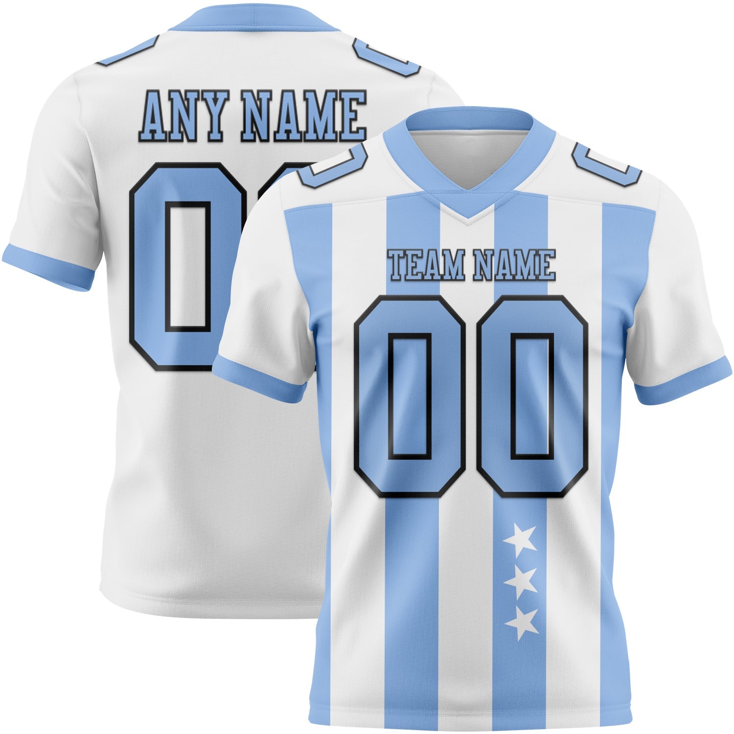 Custom White Light Blue-Black Authentic Stars And Stripes 7V7 Flag Football Jersey - Main View