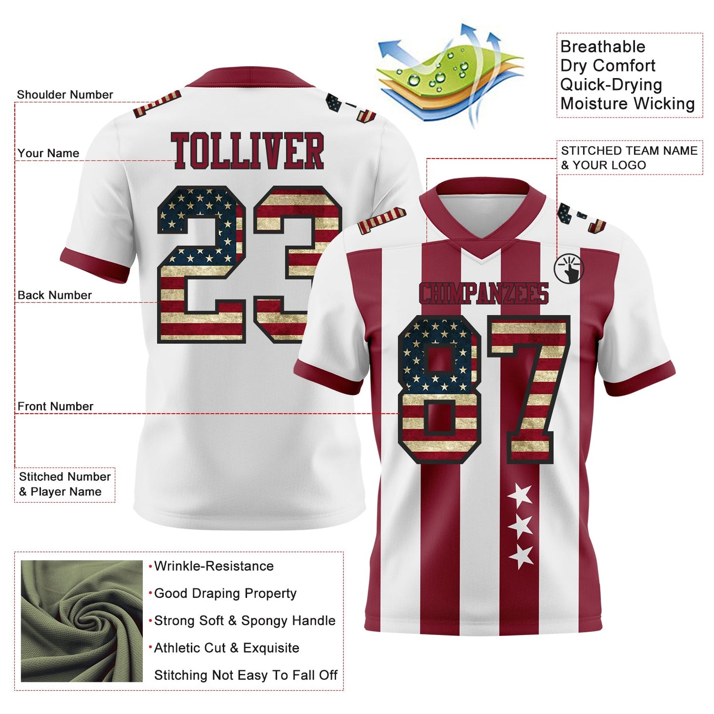 Custom White Vintage USA Flag Crimson-Black Authentic Stars And Stripes 7V7 Flag Football Jersey view 2