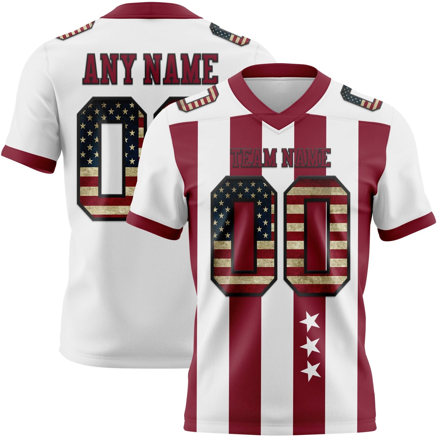 Custom White Vintage USA Flag Crimson-Black Authentic Stars And Stripes 7V7 Flag Football Jersey - Main View
