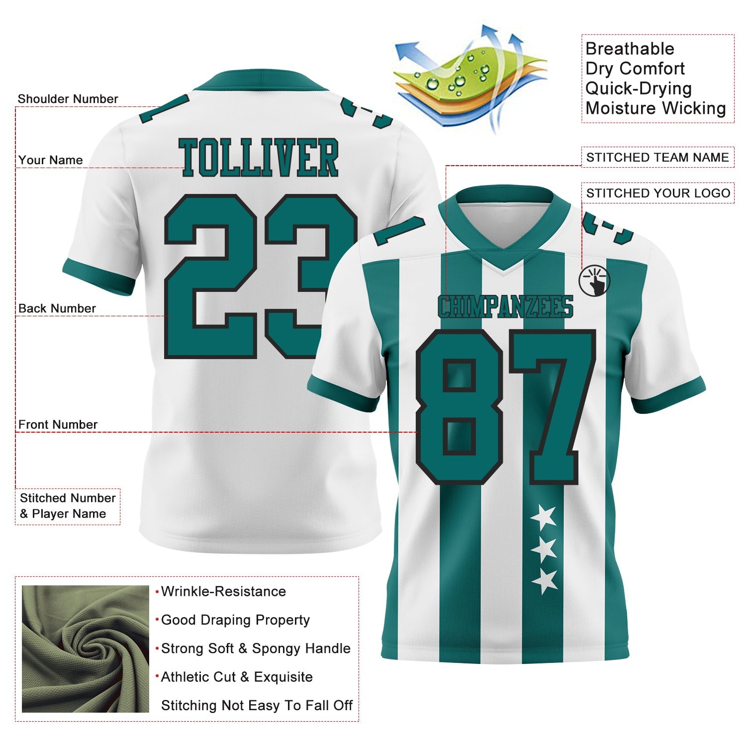 Custom White Teal-Black Authentic Stars And Stripes 7V7 Flag Football Jersey view 2
