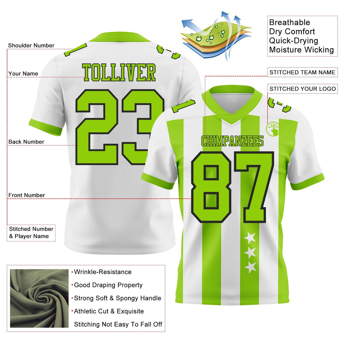 Custom White Neon Green-Black Authentic Stars And Stripes 7V7 Flag Football Jersey view 2