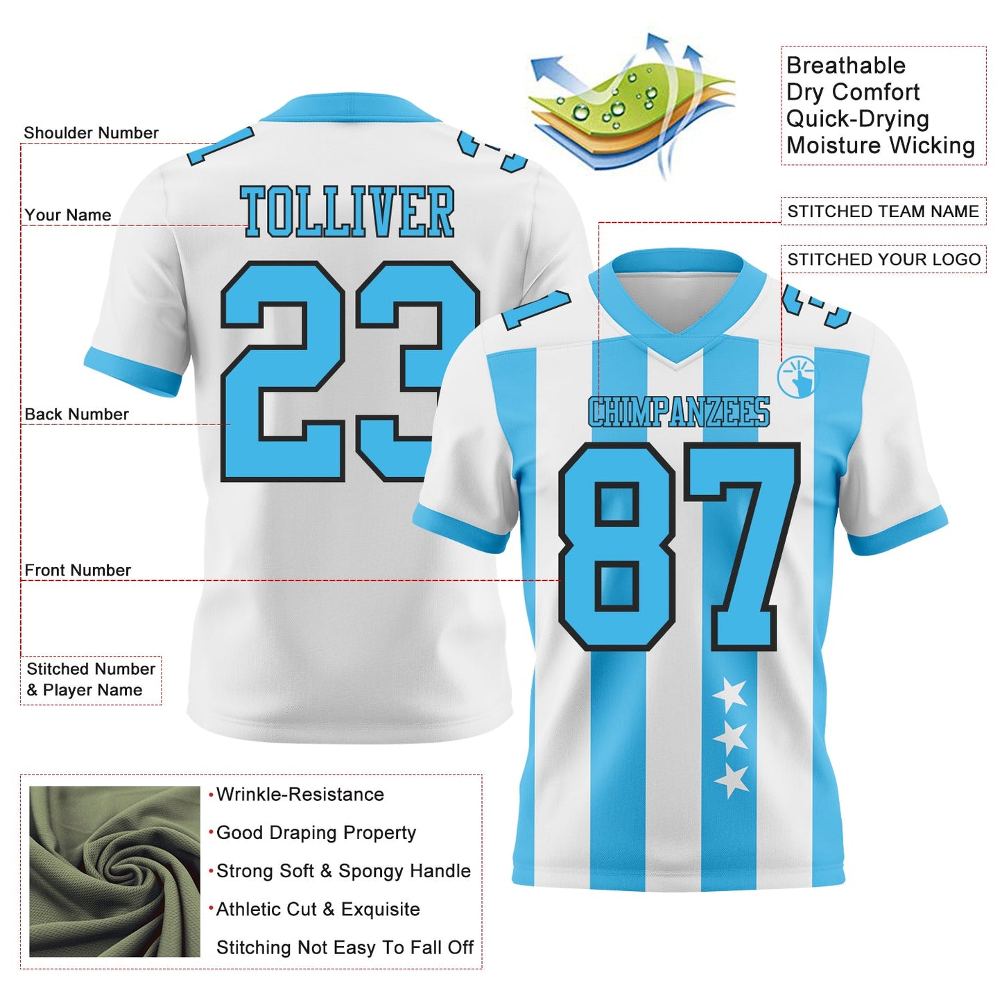 Custom White Sky Blue-Black Authentic Stars And Stripes 7V7 Flag Football Jersey view 2
