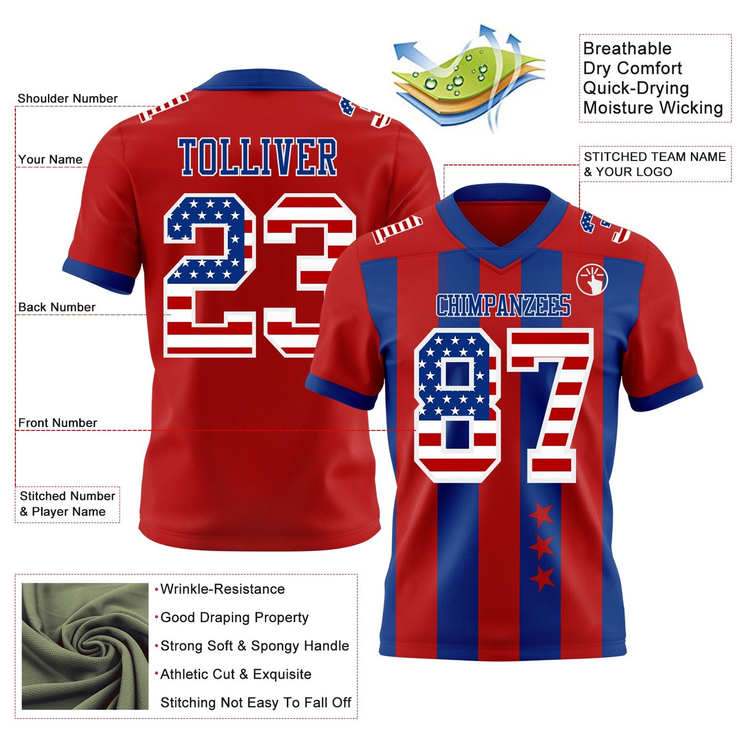 Custom Red USA Flag Royal-White Authentic Stars And Stripes 7V7 Flag Football Jersey view 2