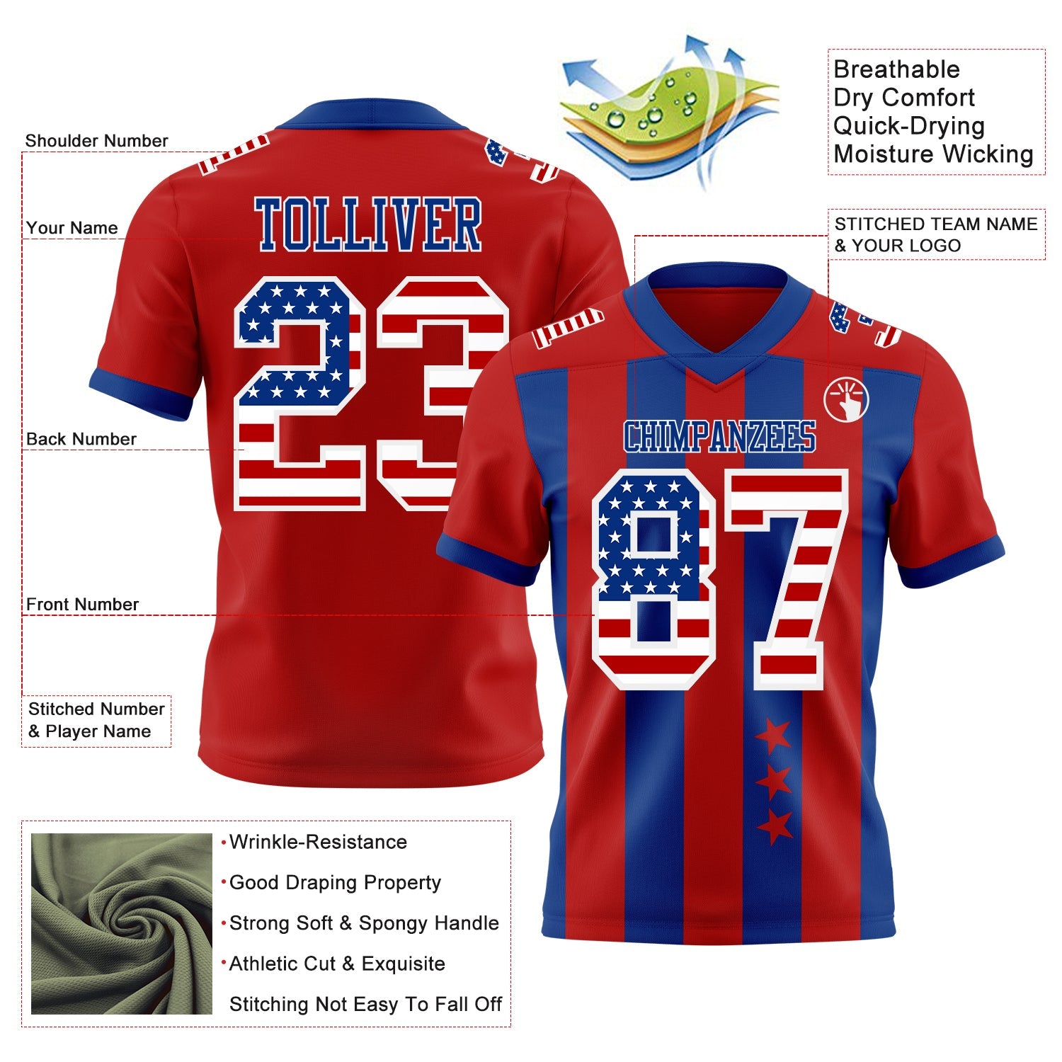 Custom Red USA Flag Royal-White Authentic Stars And Stripes 7V7 Flag Football Jersey view 2