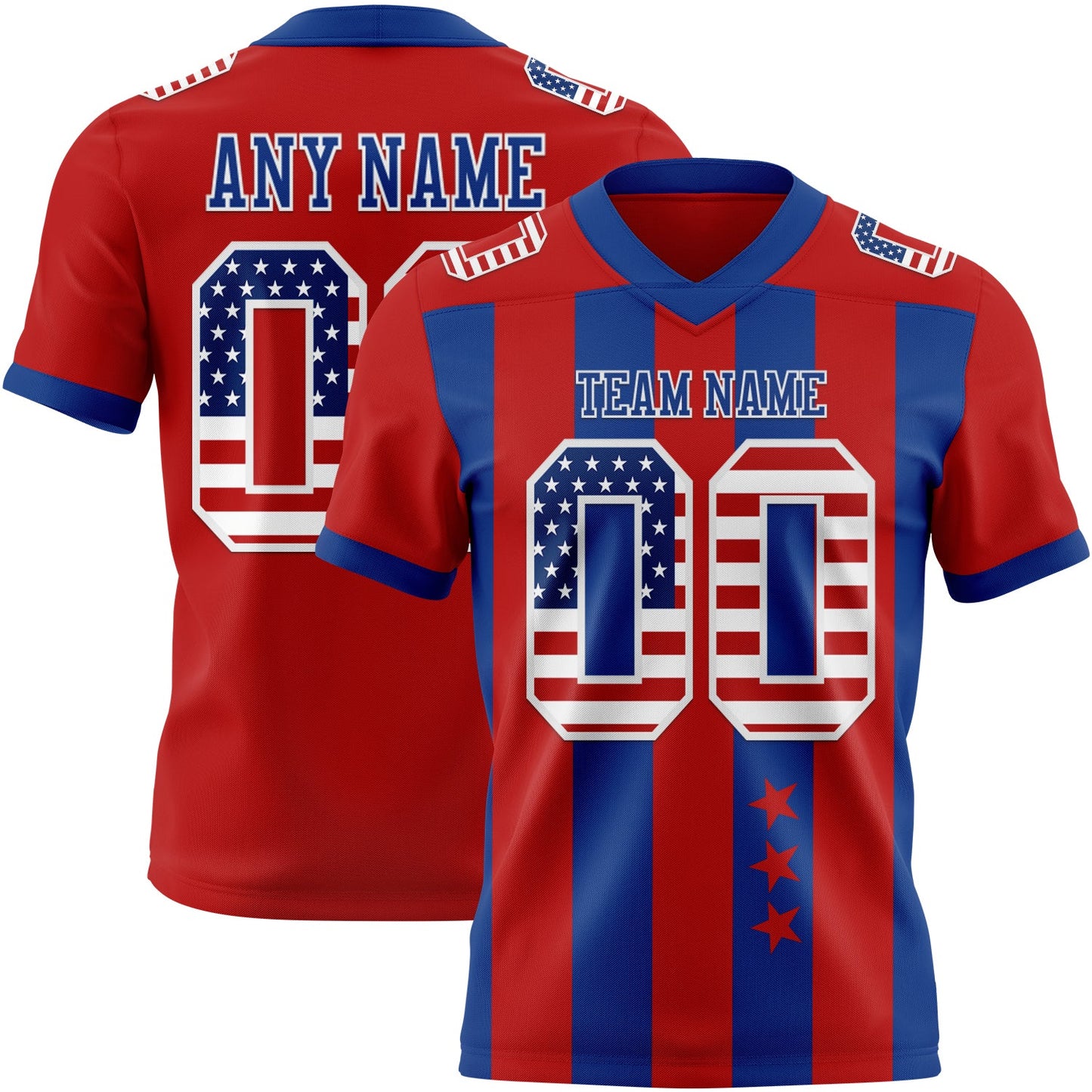 Custom Red USA Flag Royal-White Authentic Stars And Stripes 7V7 Flag Football Jersey - Main View
