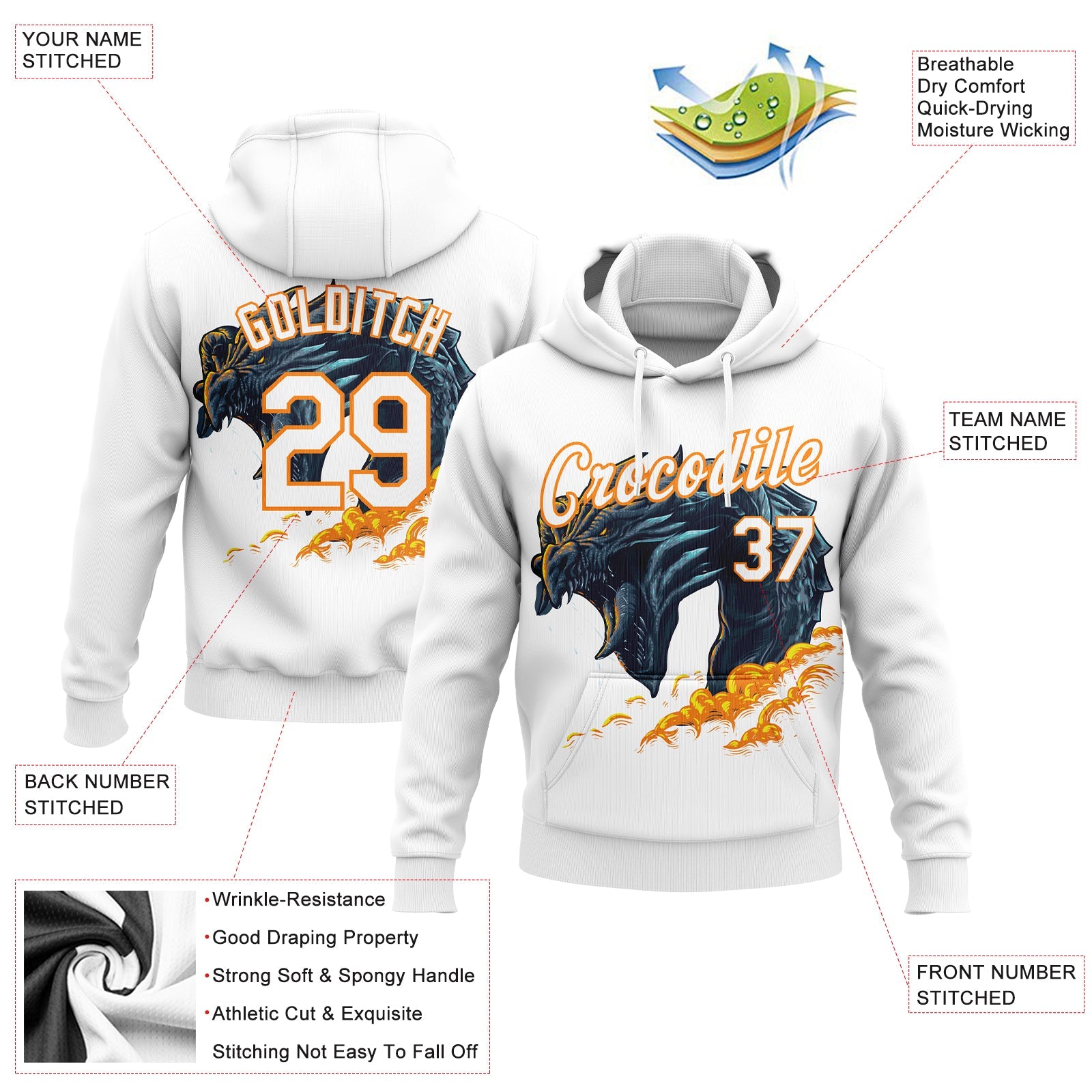 Custom Stitched White Bay Orange 3D Pattern Design Fire Dragon Sports Pullover Sweatshirt Hoodie view 2