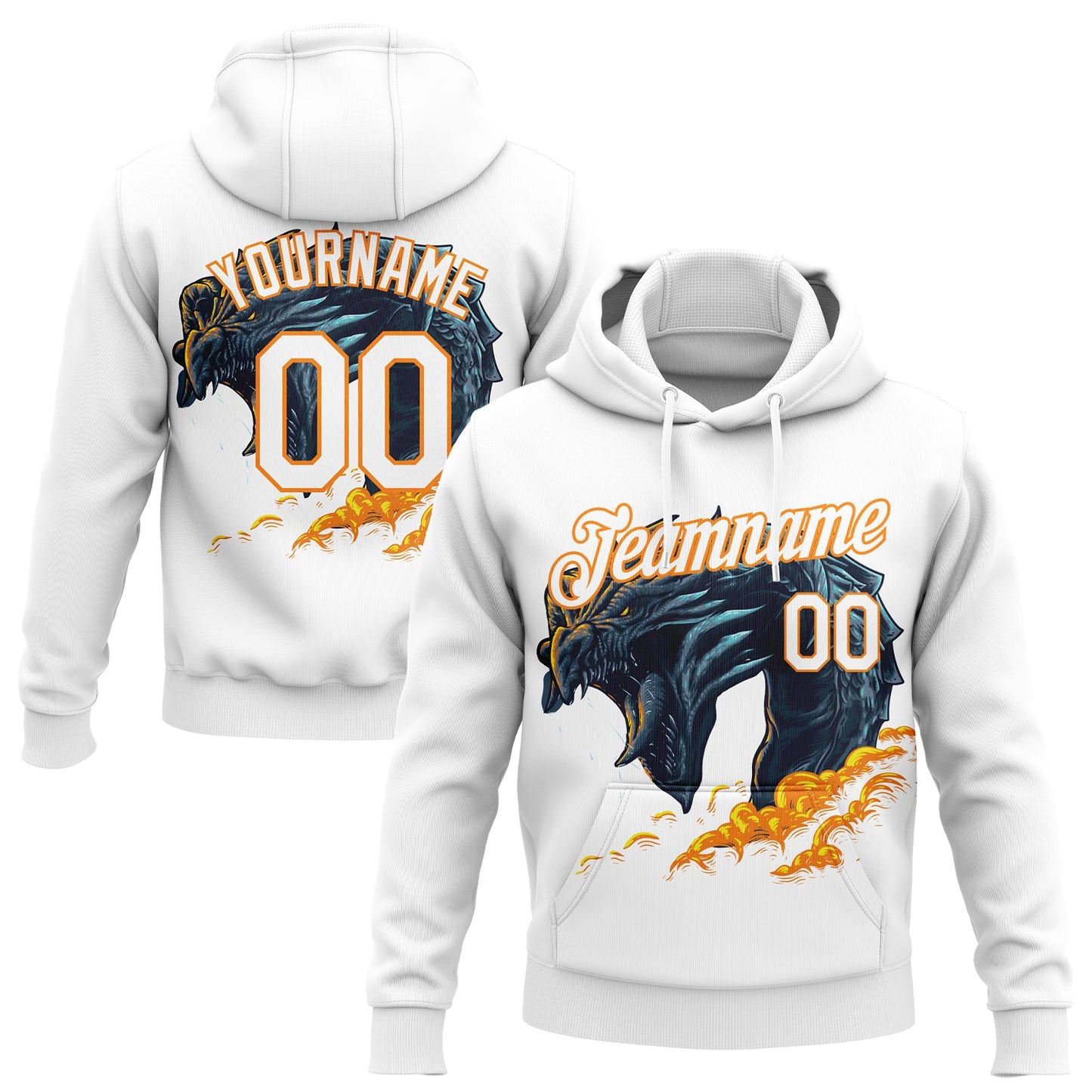 Custom Stitched White Bay Orange 3D Pattern Design Fire Dragon Sports Pullover Sweatshirt Hoodie - Main View