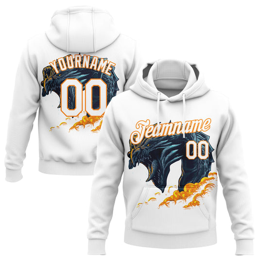 Custom Stitched White Bay Orange 3D Pattern Design Fire Dragon Sports Pullover Sweatshirt Hoodie - Main View