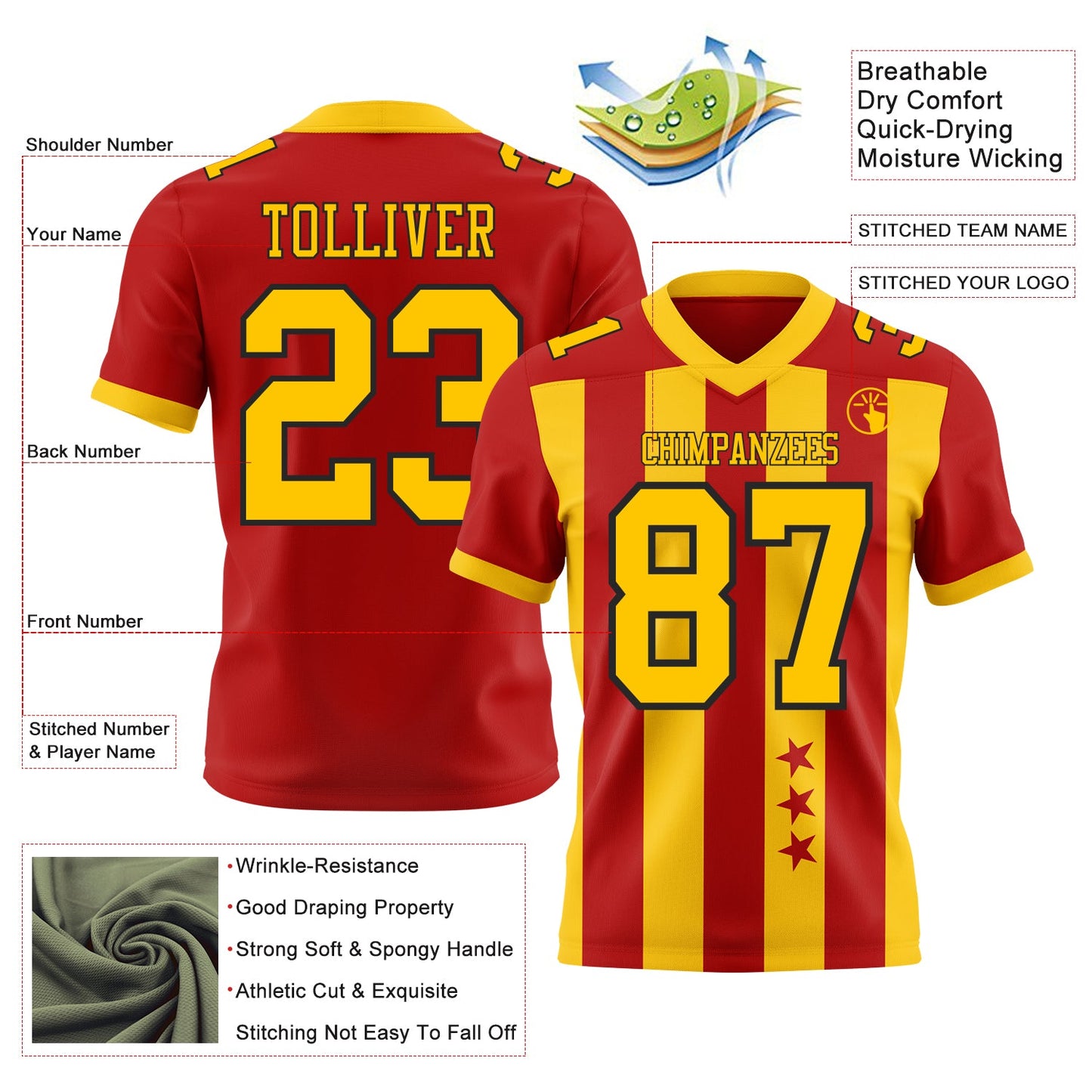Custom Red Yellow-Black Authentic Stars And Stripes 7V7 Flag Football Jersey view 2