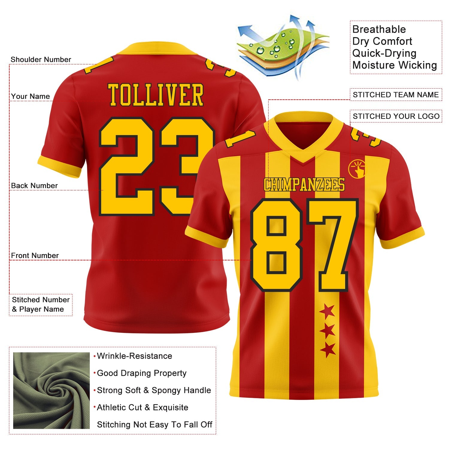 Custom Red Yellow-Black Authentic Stars And Stripes 7V7 Flag Football Jersey view 2