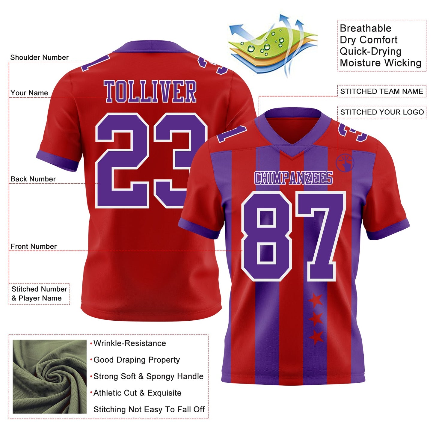 Custom Red Purple-White Authentic Stars And Stripes 7V7 Flag Football Jersey view 2