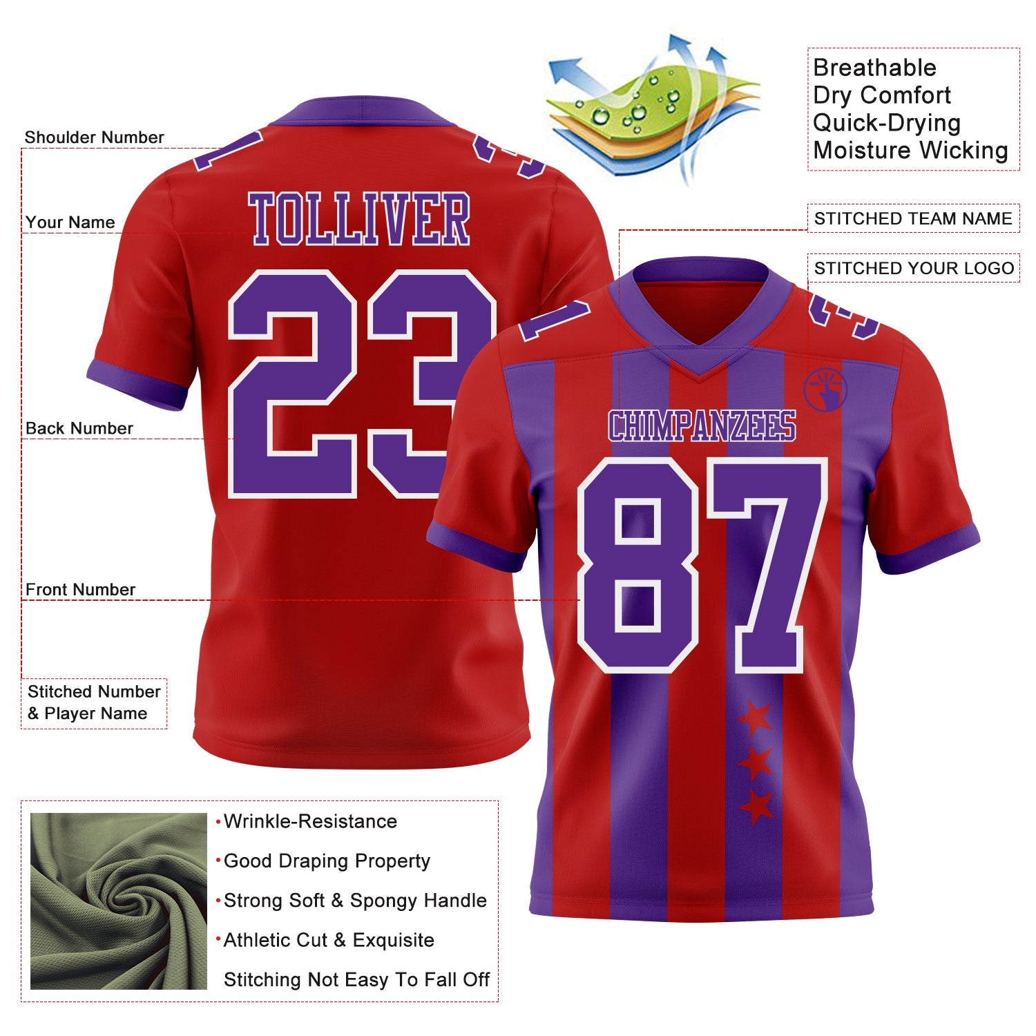 Custom Red Purple-White Authentic Stars And Stripes 7V7 Flag Football Jersey view 2