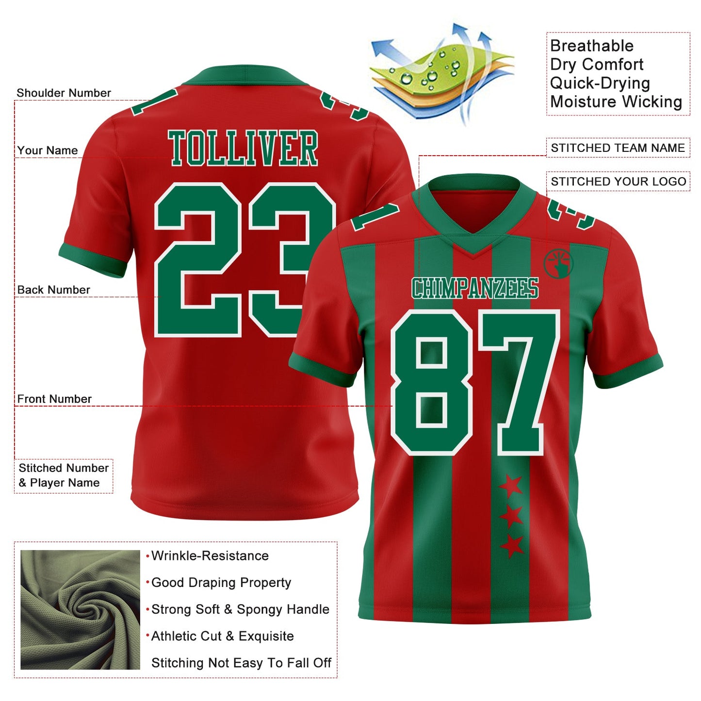 Custom Red Kelly Green-White Authentic Stars And Stripes 7V7 Flag Football Jersey view 2
