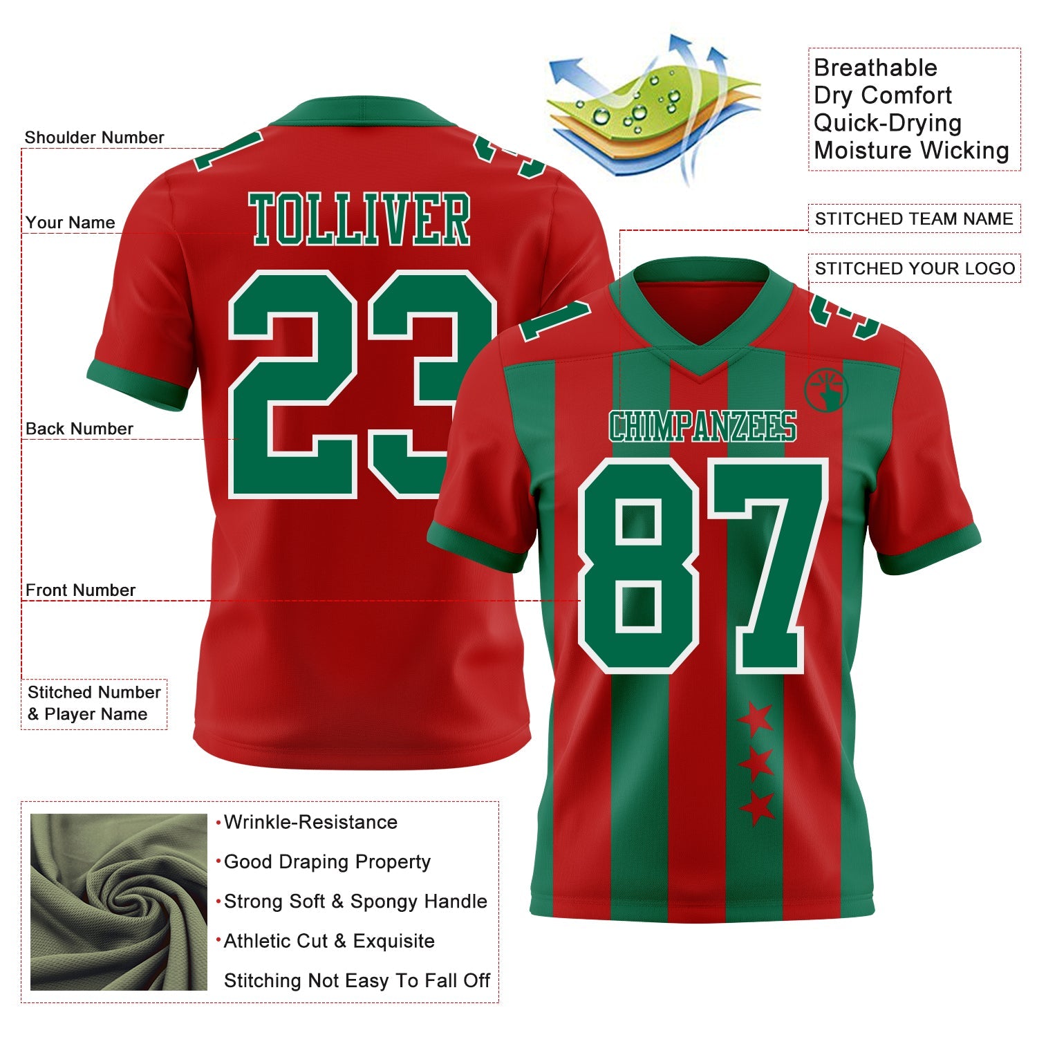 Custom Red Kelly Green-White Authentic Stars And Stripes 7V7 Flag Football Jersey view 2
