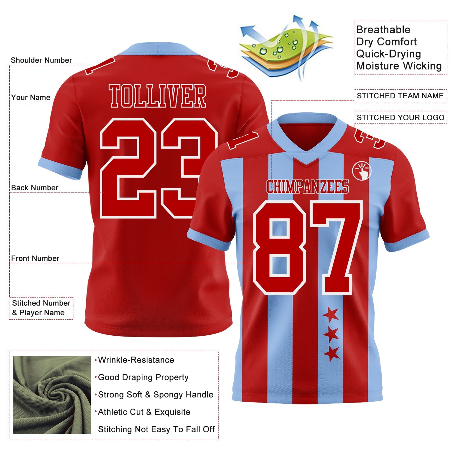 Custom Red Light Blue-White Authentic Stars And Stripes 7V7 Flag Football Jersey view 2