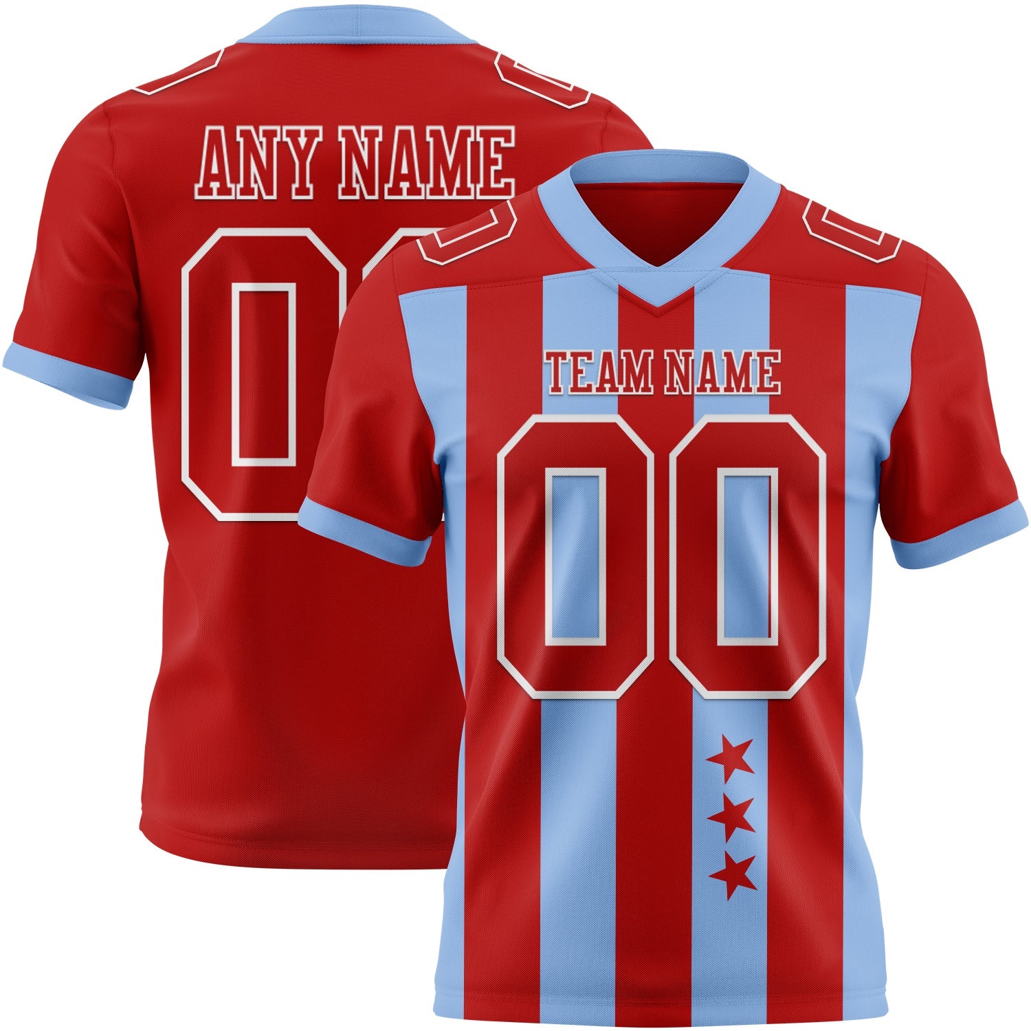 Custom Red Light Blue-White Authentic Stars And Stripes 7V7 Flag Football Jersey - Main View