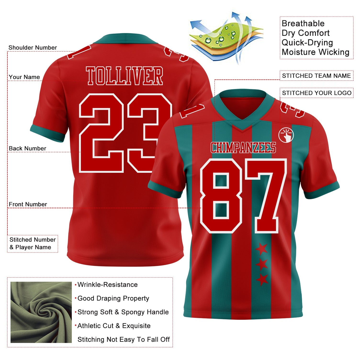 Custom Red Teal-White Authentic Stars And Stripes 7V7 Flag Football Jersey view 2