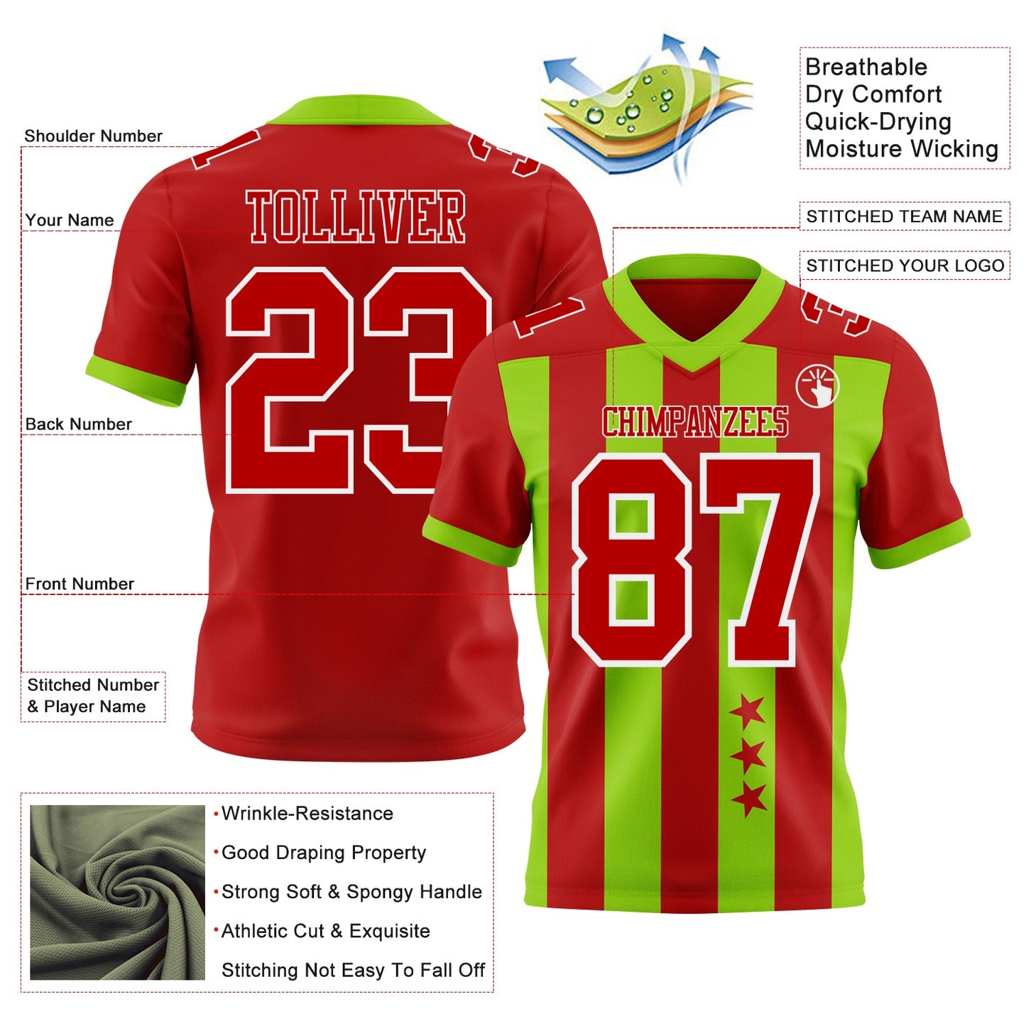 Custom Red Neon Green-White Authentic Stars And Stripes 7V7 Flag Football Jersey view 2