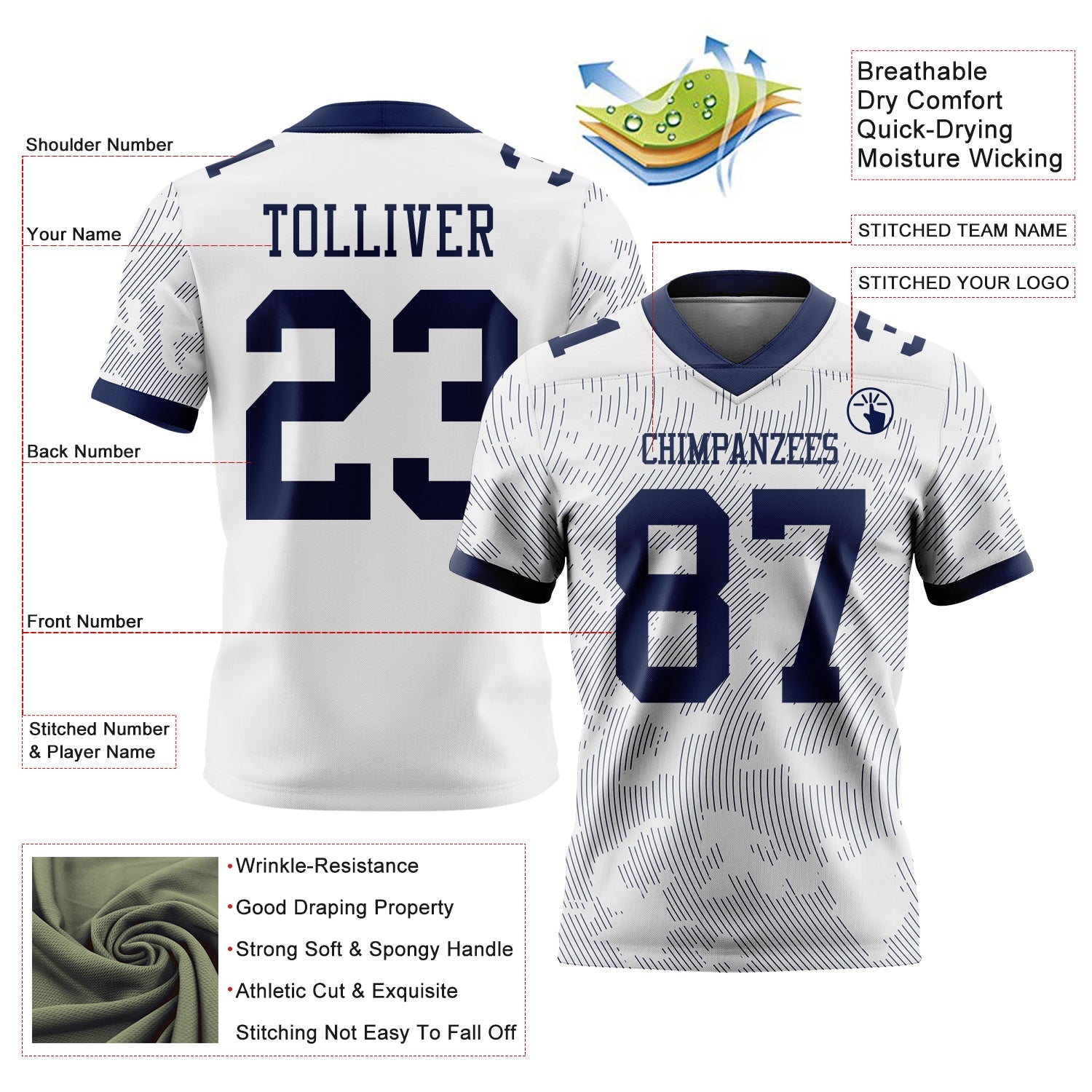 Custom White-Navy Authentic Abstract Fluid Line 3D Pattern 7V7 Flag Football Jersey view 2