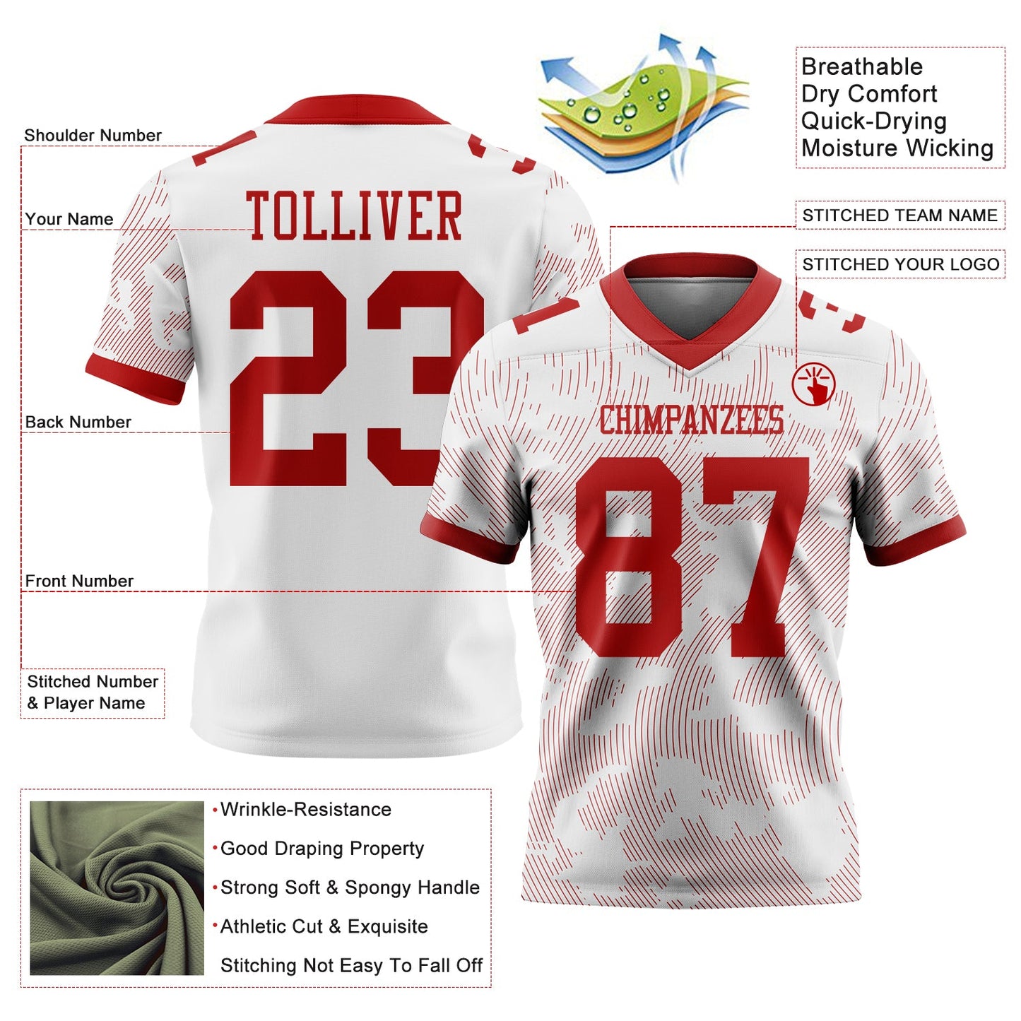 Custom White-Red Authentic Abstract Fluid Line 3D Pattern 7V7 Flag Football Jersey view 2