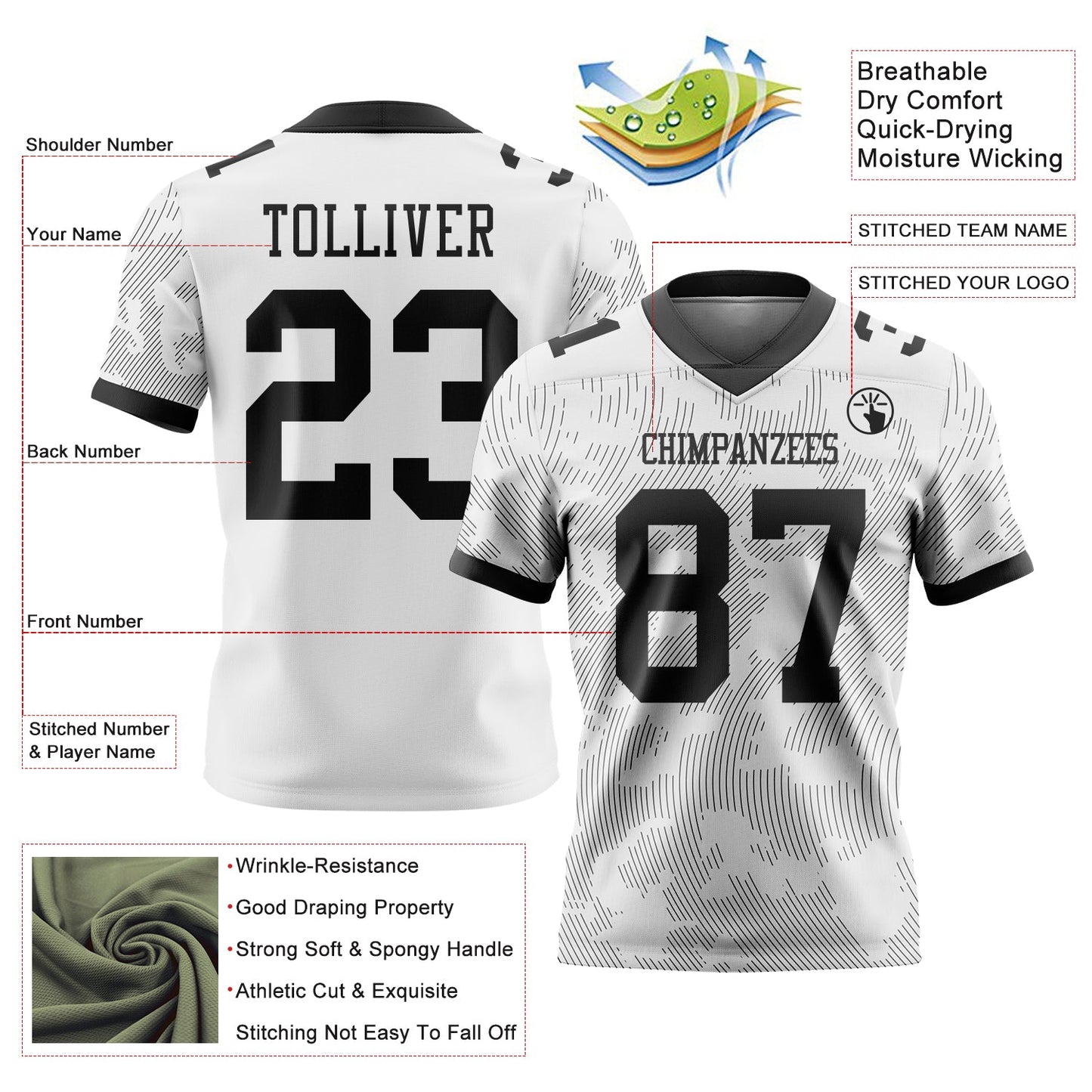 Custom White-Black Authentic Abstract Fluid Line 3D Pattern 7V7 Flag Football Jersey view 2
