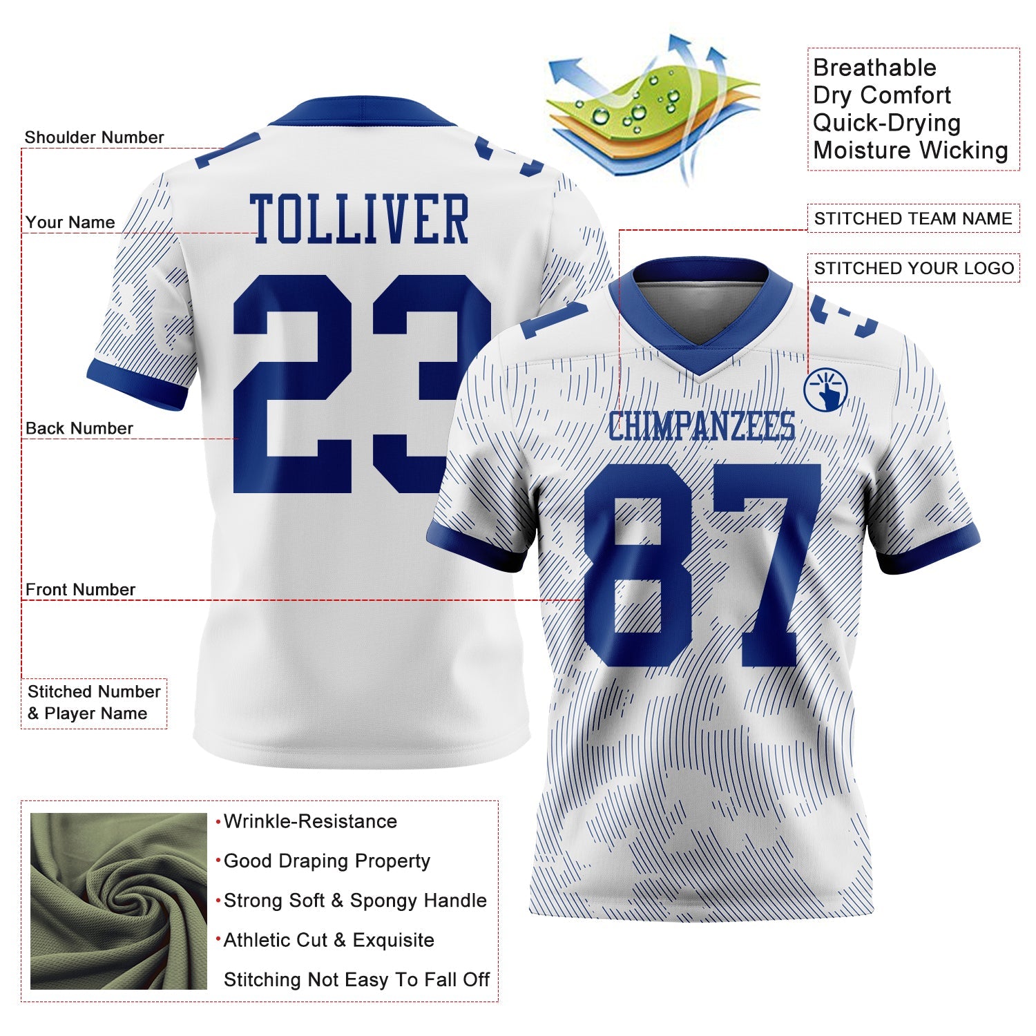 Custom White-Royal Authentic Abstract Fluid Line 3D Pattern 7V7 Flag Football Jersey view 2
