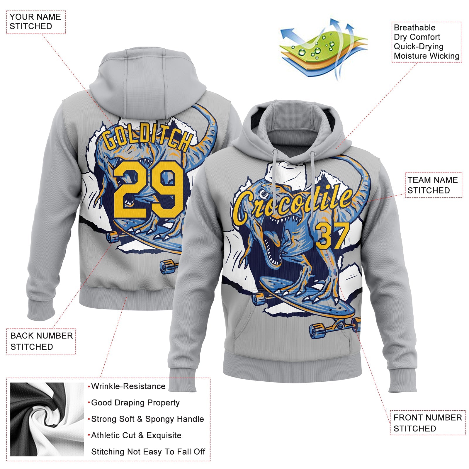 Custom Stitched Light Gray Yellow-Navy 3D Pattern Design Dinosaur Sports Pullover Sweatshirt Hoodie view 2