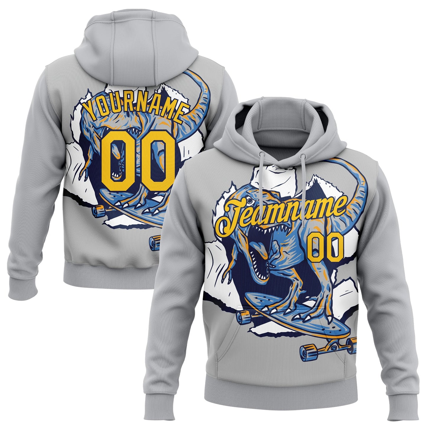 Custom Stitched Light Gray Yellow-Navy 3D Pattern Design Dinosaur Sports Pullover Sweatshirt Hoodie - Main View